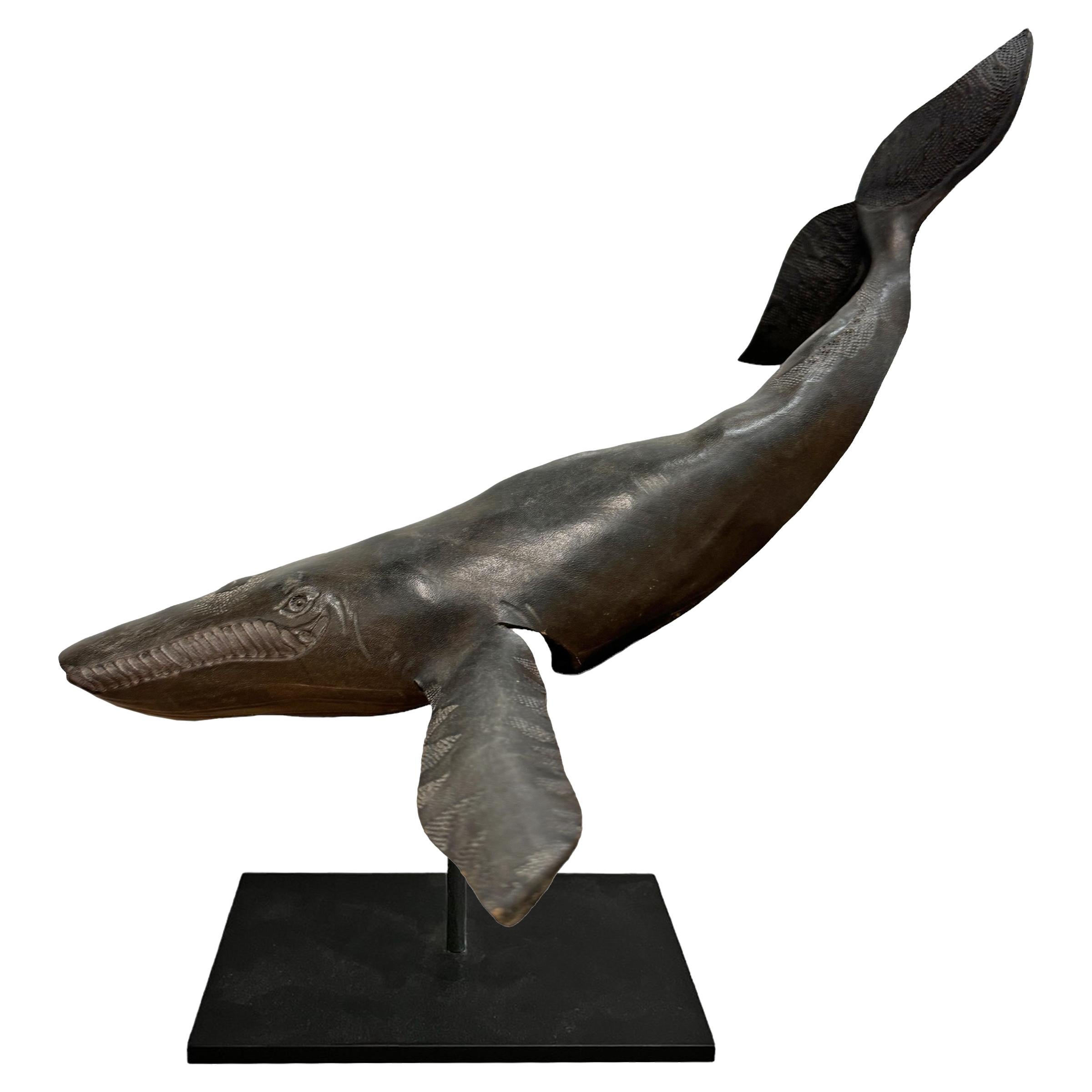 Mid-Century Modern Leather Humpback Whale on Custom Steel Stand For Sale