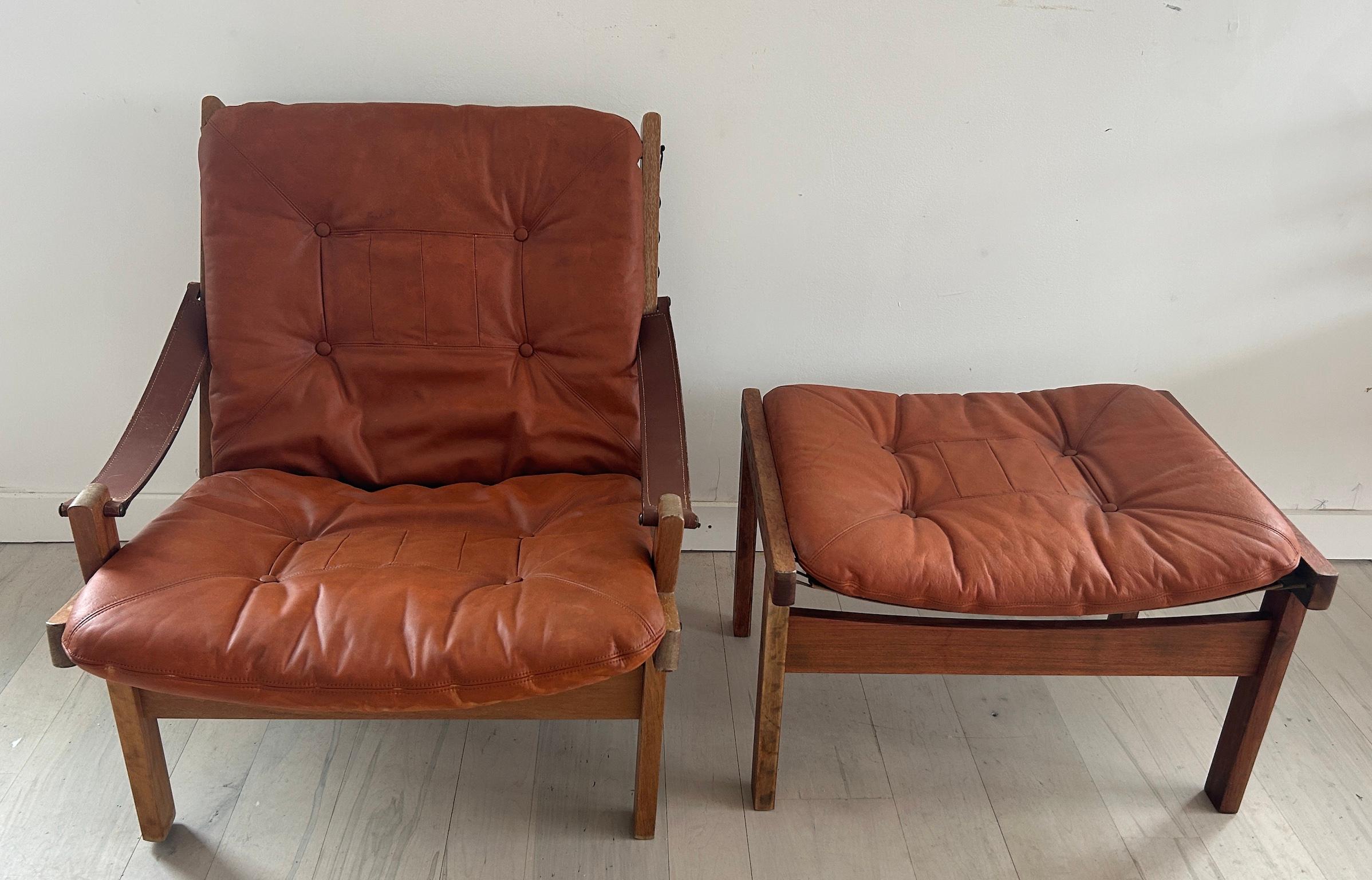 Mid-Century Modern Leather Hunter Safari Lounge Chair and ottoman by Torbjørn Afdal for Bruksbo