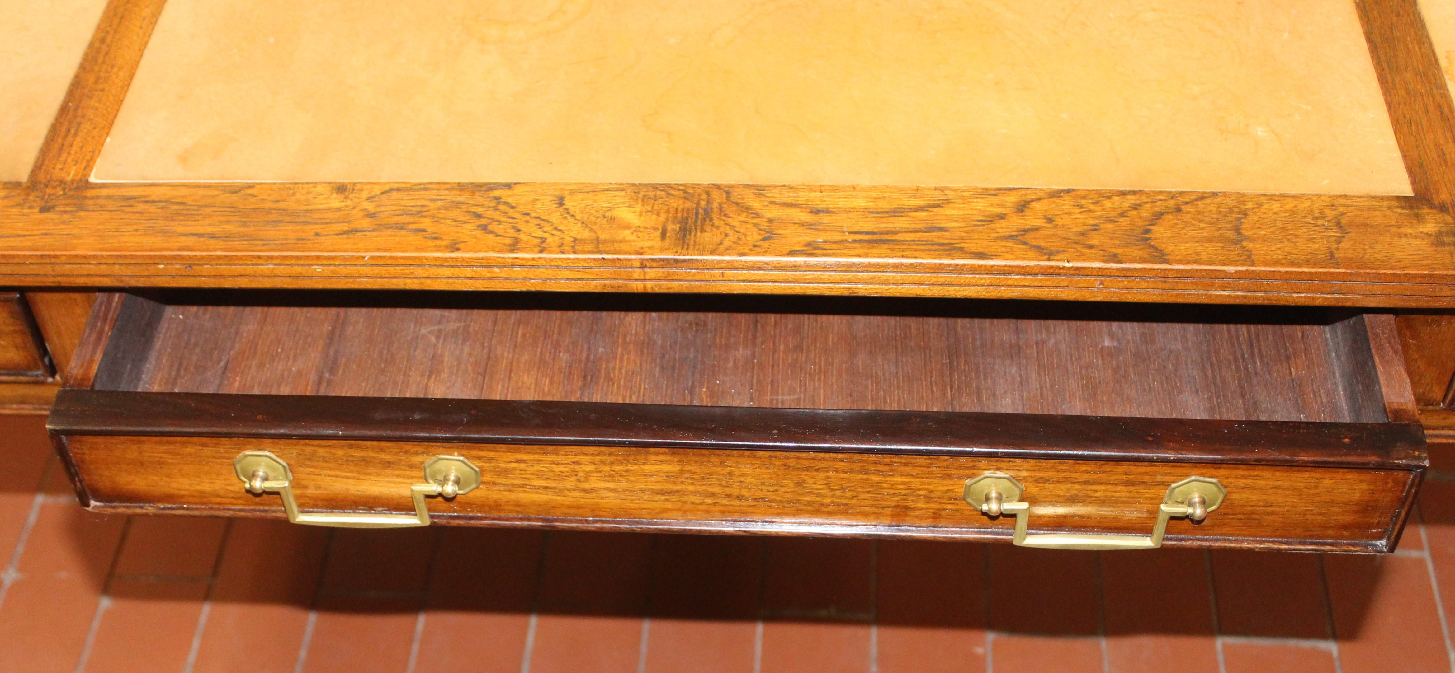 Leather In-Laid 3 Drawer Blonde Mahogany Desk with Brass Hardware In Good Condition In Bronx, NY