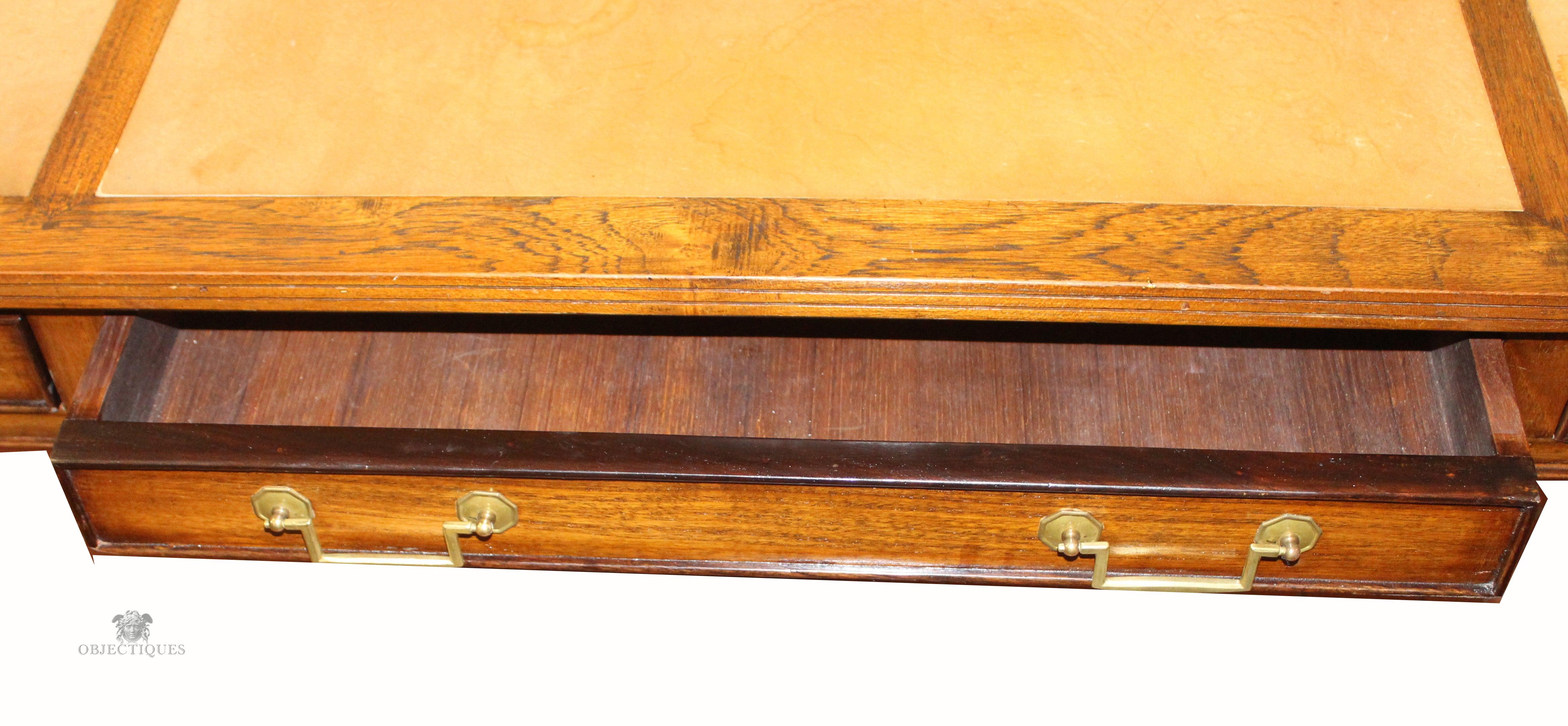 Leather In-Laid 3 Drawer Blonde Mahogany Desk with Brass Hardware 3