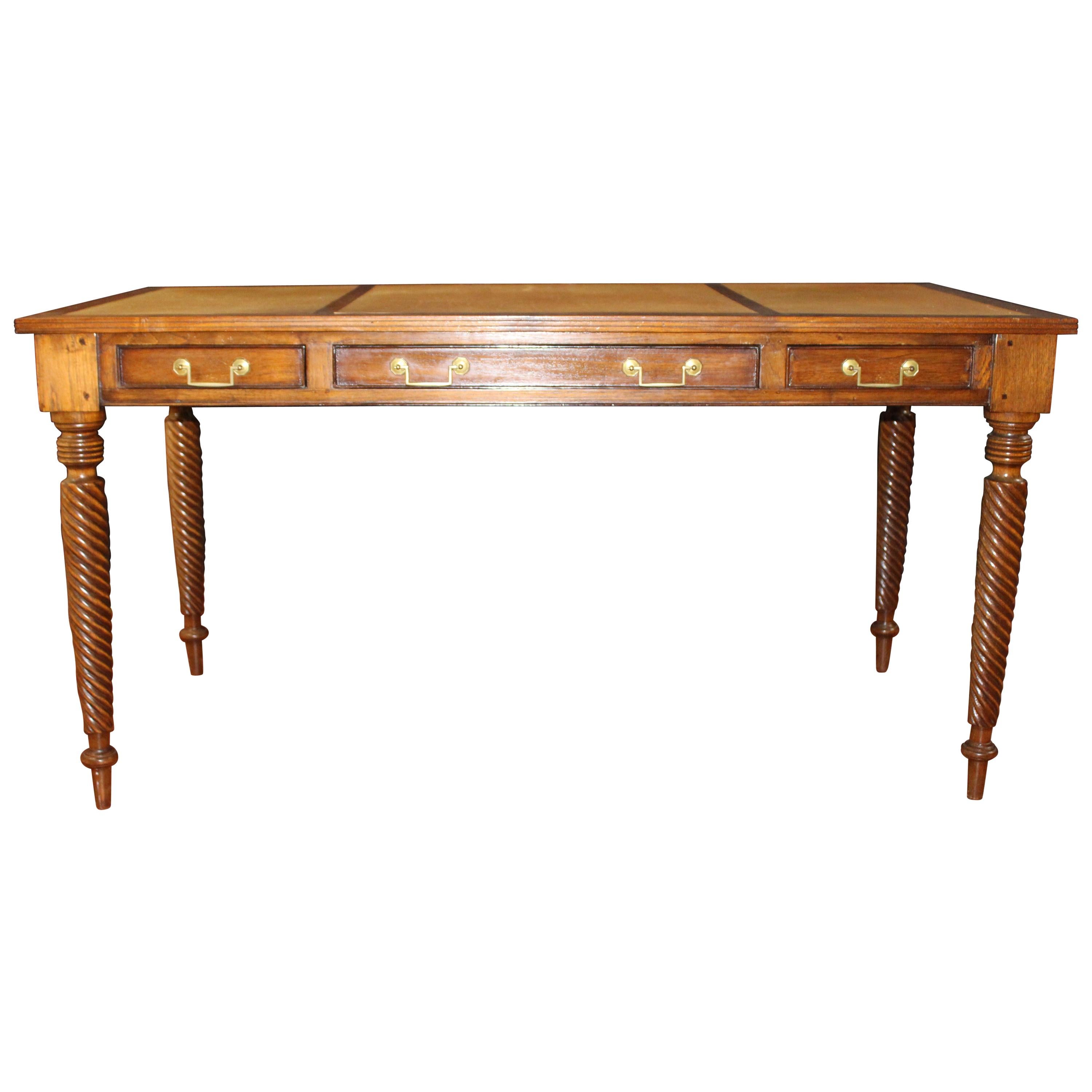 Leather In-Laid 3 Drawer Blonde Mahogany Desk with Brass Hardware