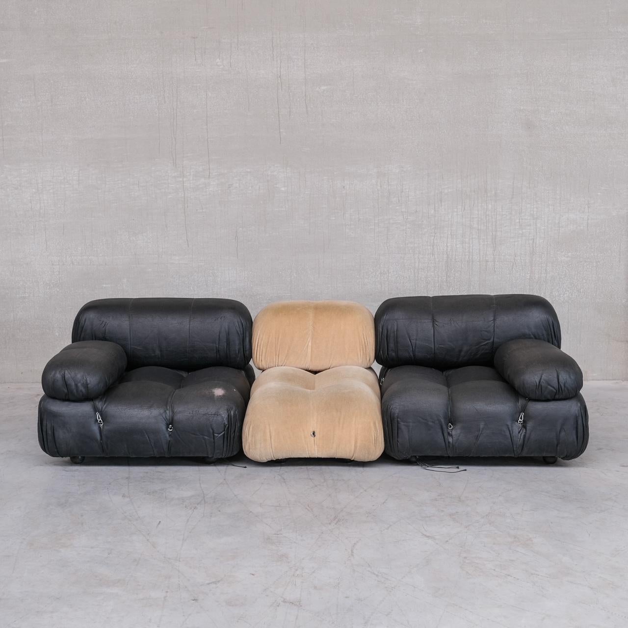 A good looking original leather Camaleonda sofa by Mario Bellini. 

Two segment sofa. 

Italy, c1970s. 

For B&B Italia. 

The original leather is retained but has wear and usage marks and remains quite dry. 

It depends how one likes