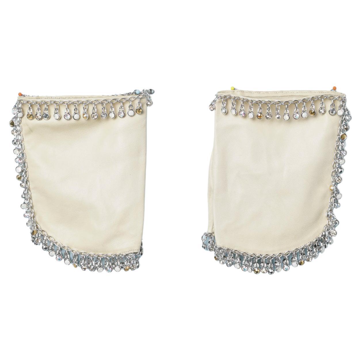 Leather ivory mittens with silver color metal and rhinestone edge  Swarovski 