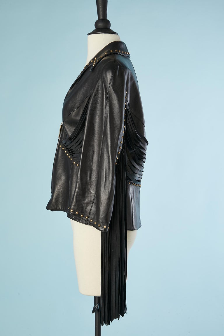 Leather jacket with gold metal studs and leather fringes Thierry Mugler Couture For Sale at 1stDibs
