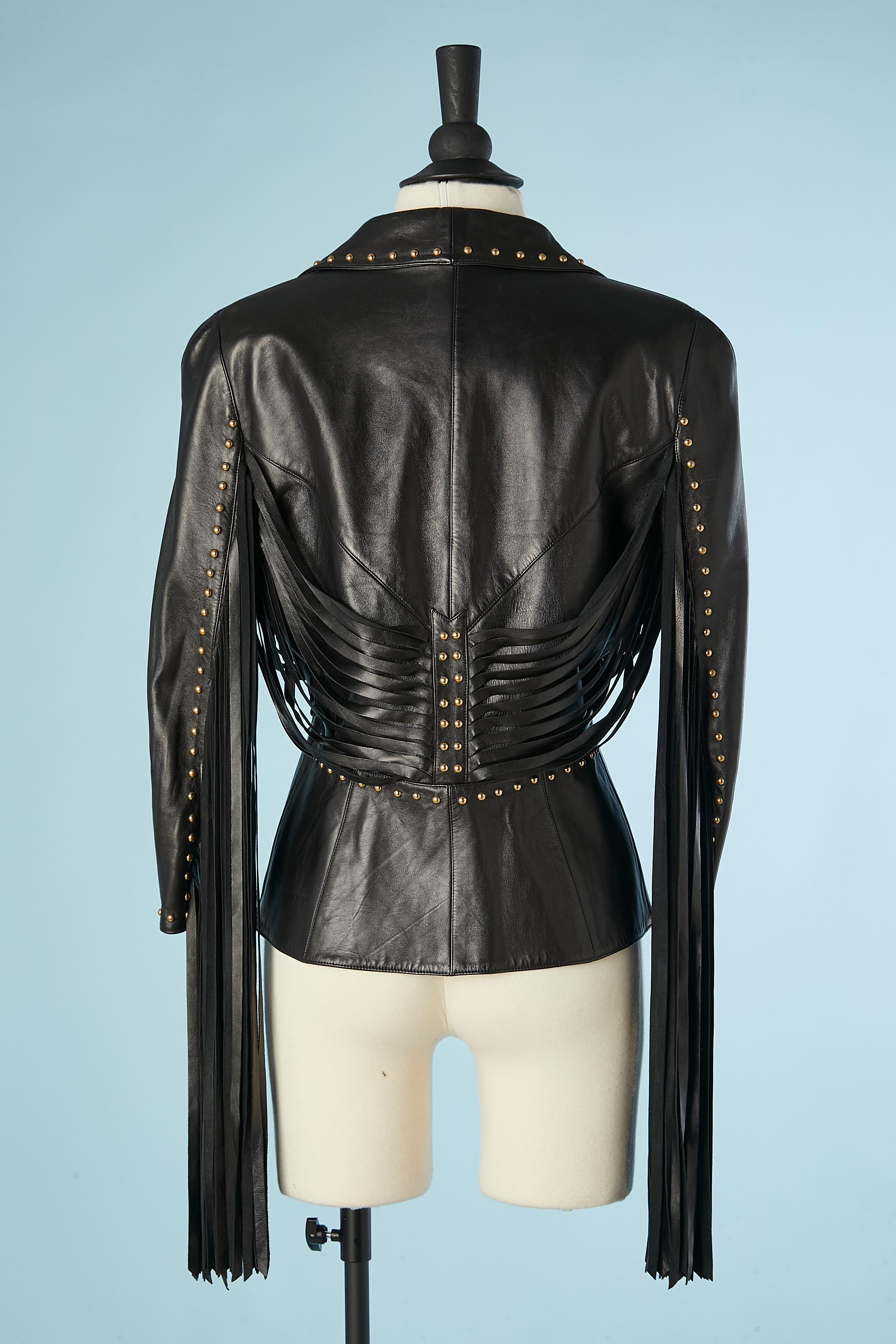 Women's Leather jacket with gold metal studs and leather fringes Thierry Mugler Couture