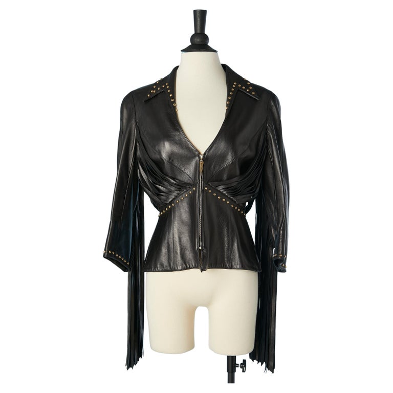 Leather jacket with gold metal studs and leather fringes Thierry Mugler  Couture For Sale at 1stDibs