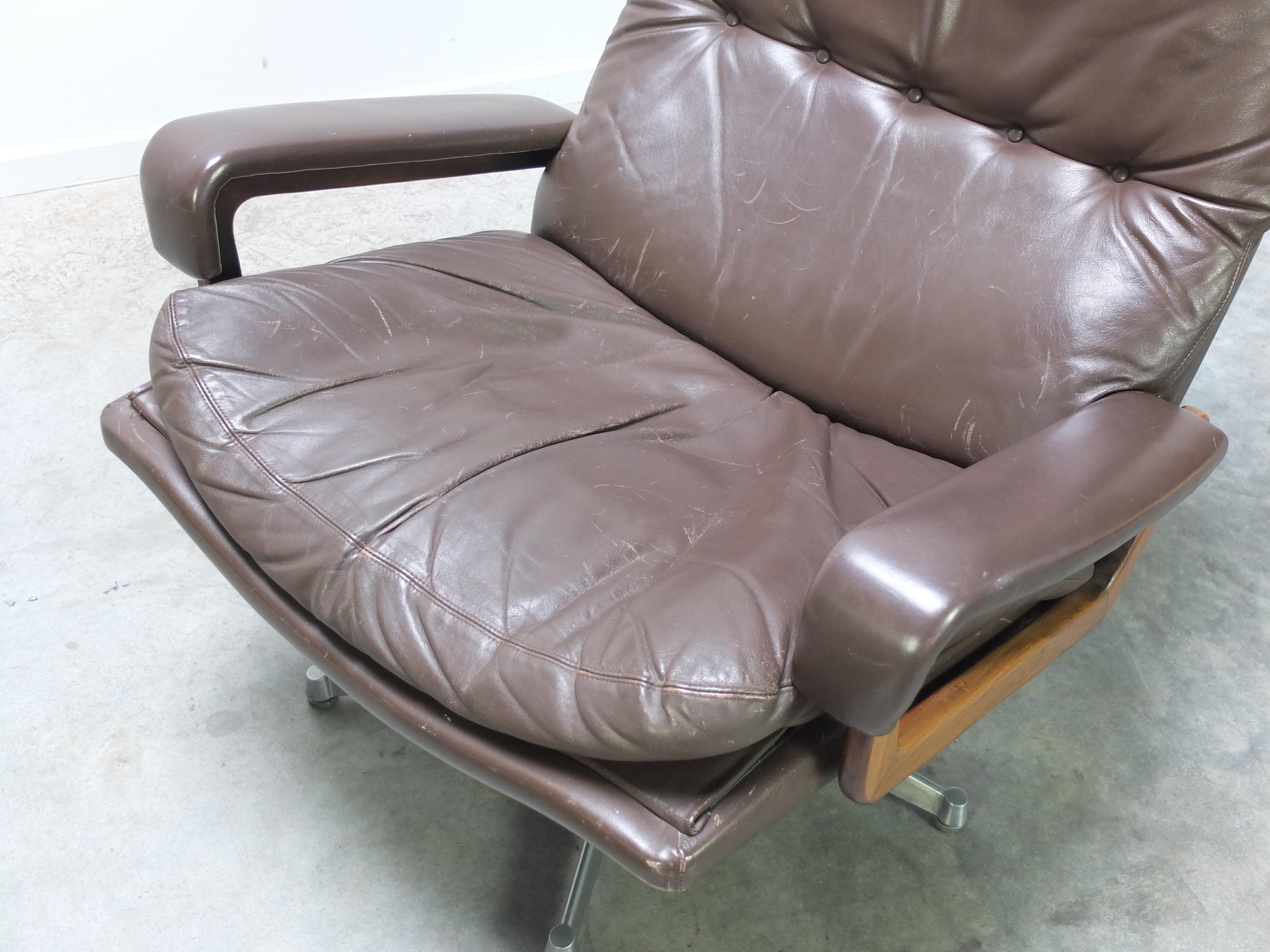 Metal Leather King Lounge Chair with Ottoman by André Vandenbeuck for Strässle, 1960s