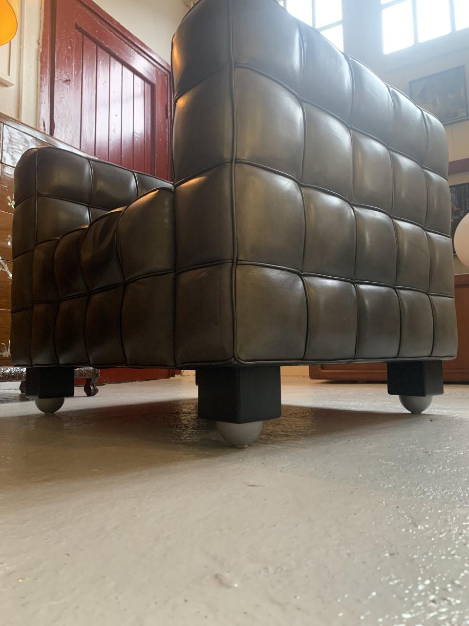 Austrian Leather Kubus Lounge Chair by Josef Hoffmann, Wittmann, Black Leather