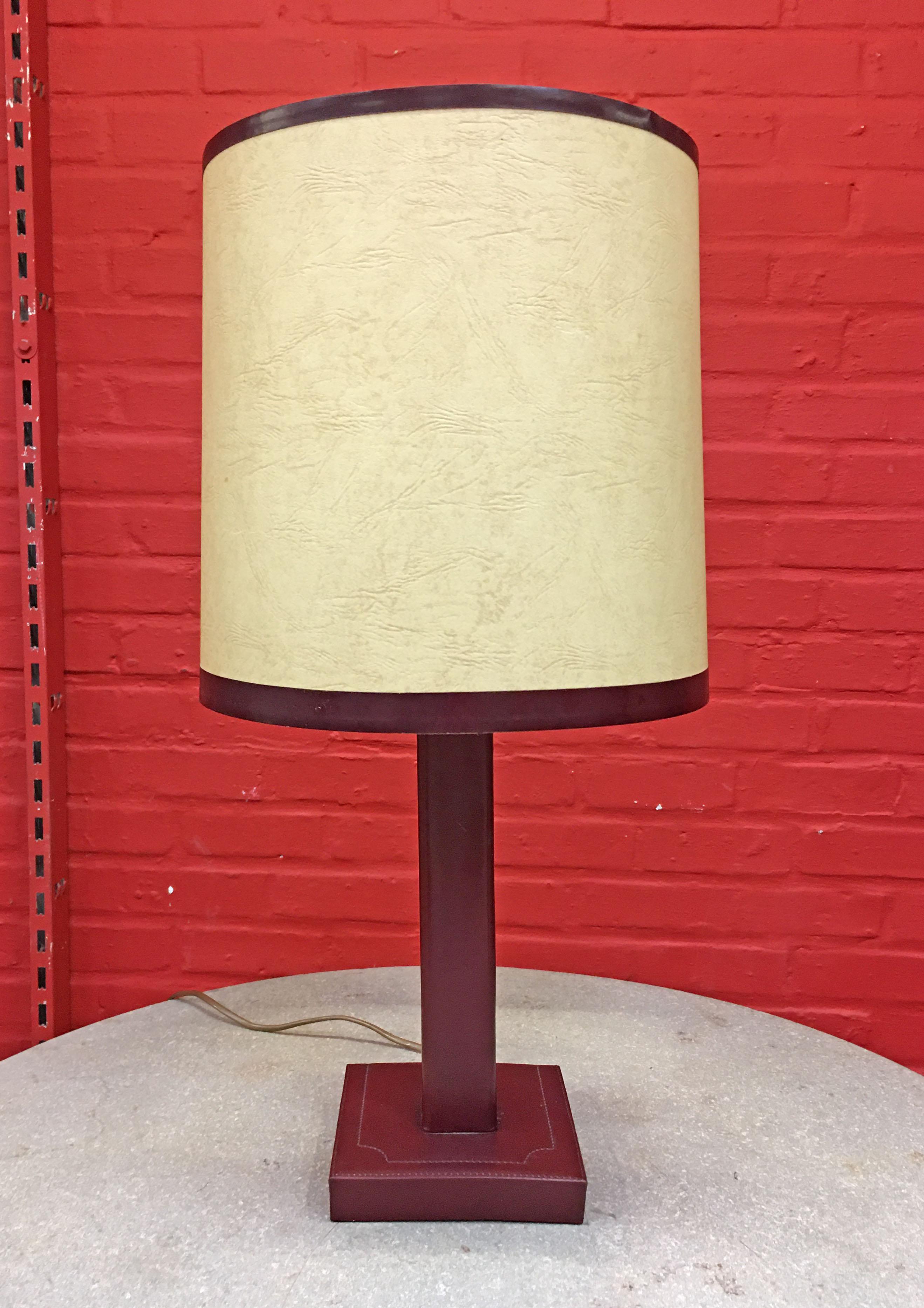 Mid-Century Modern Leather Lamp in the Style of Jacques Adnet, circa 1950, Original Lampshade For Sale
