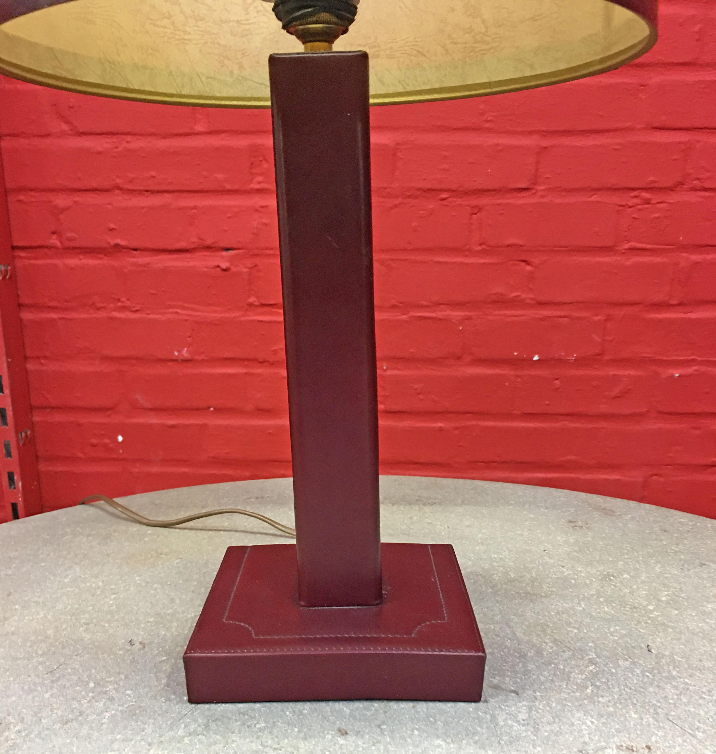 Leather Lamp in the Style of Jacques Adnet, circa 1950, Original Lampshade In Good Condition For Sale In Saint-Ouen, FR
