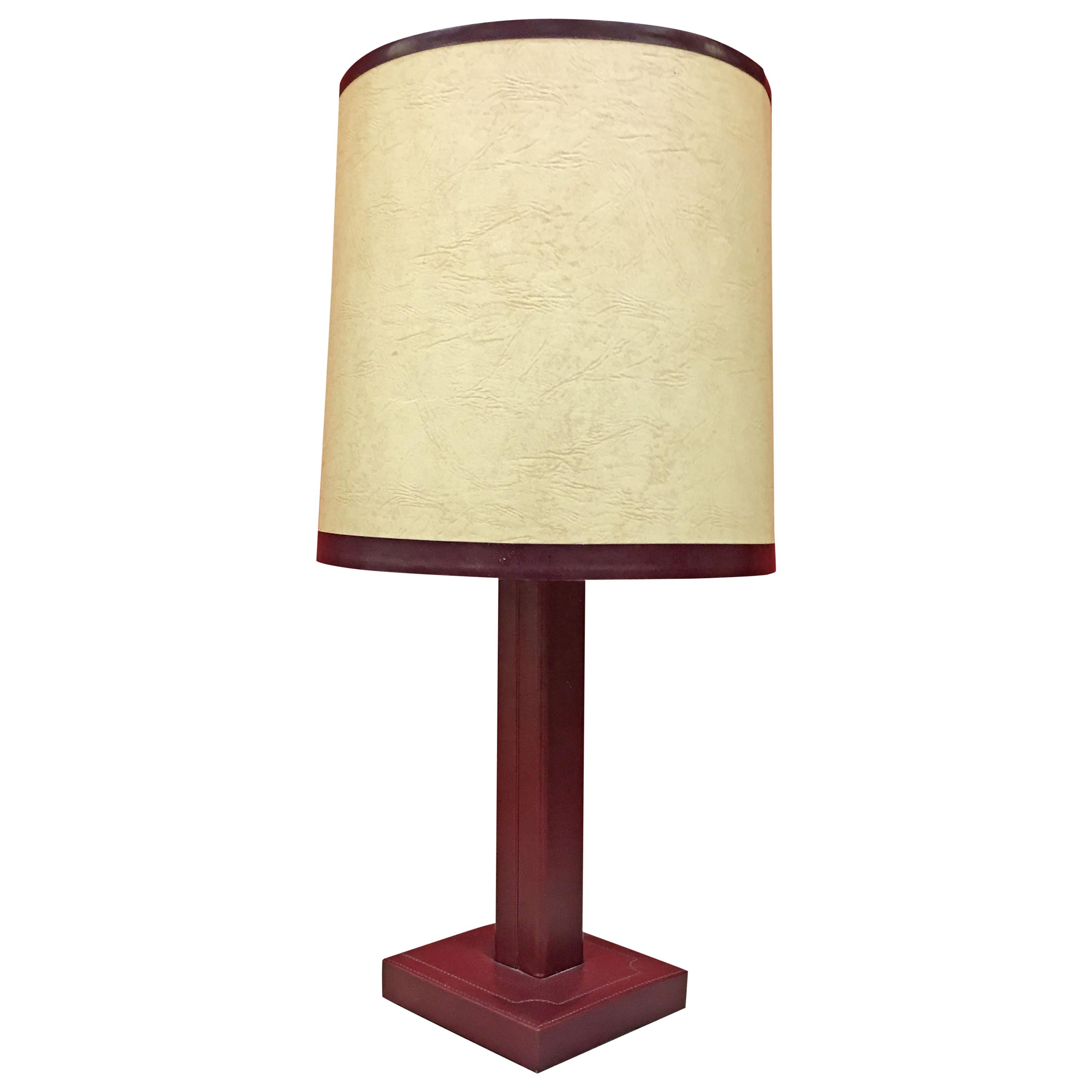 Leather Lamp in the Style of Jacques Adnet, circa 1950, Original Lampshade For Sale