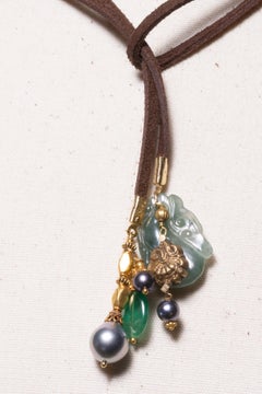 Leather Lariat with Black Tahitian Pearls, Jade, Emeralds and 18K Gold