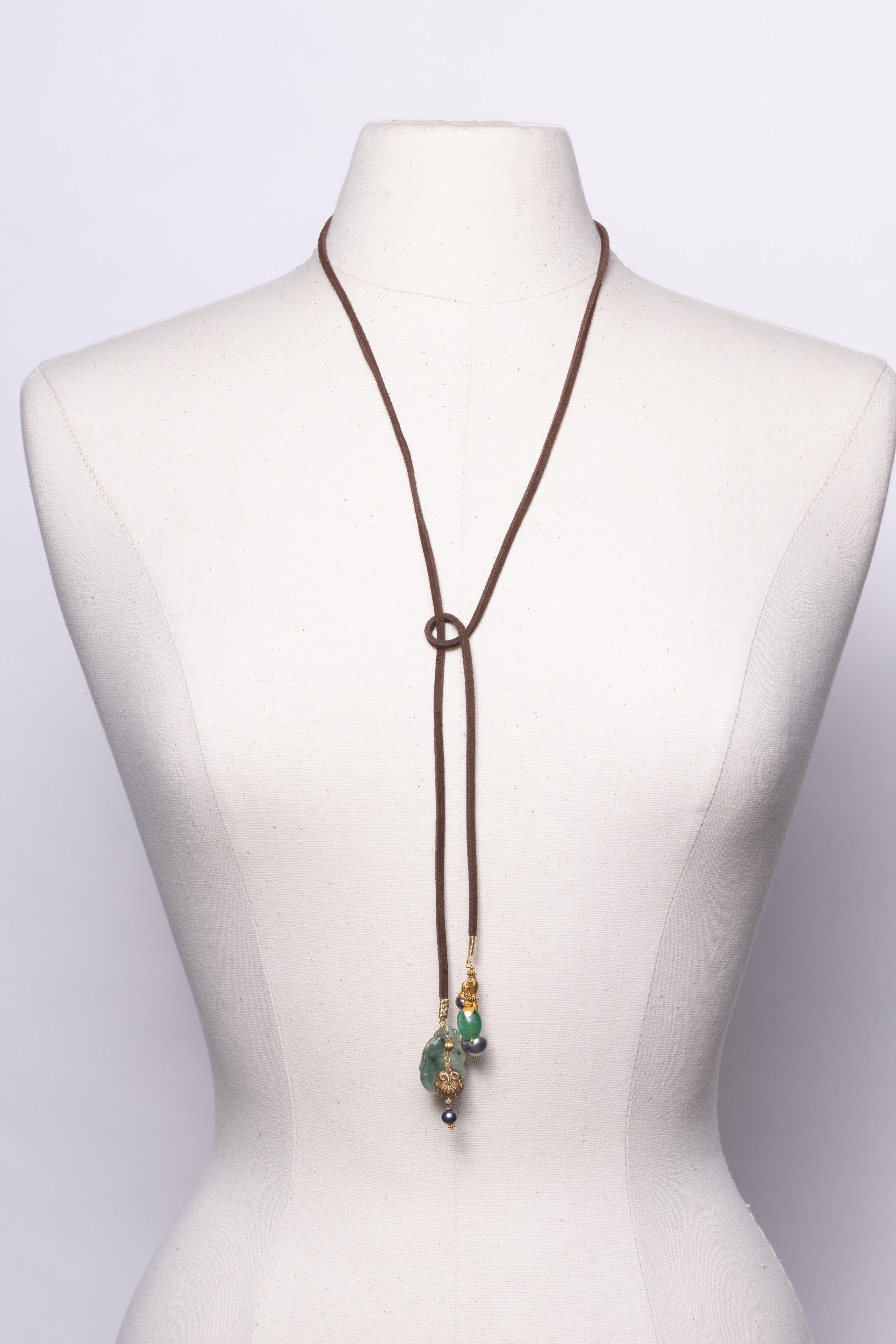 Women's or Men's Leather Lariat with Black Tahitian Pearls, Jade, Emeralds and 18K Gold For Sale