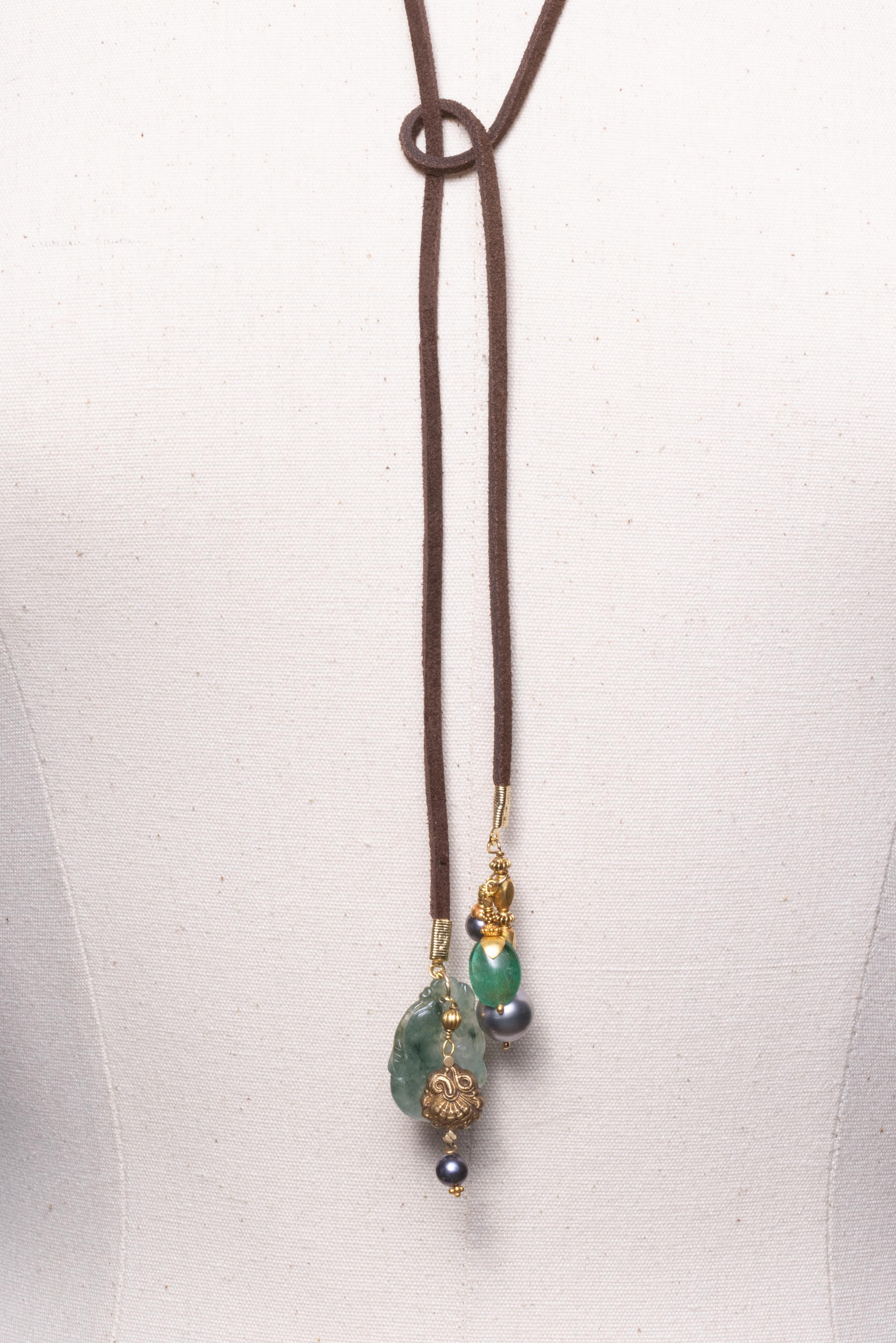 Leather Lariat with Black Tahitian Pearls, Jade, Emeralds and 18K Gold For Sale 1