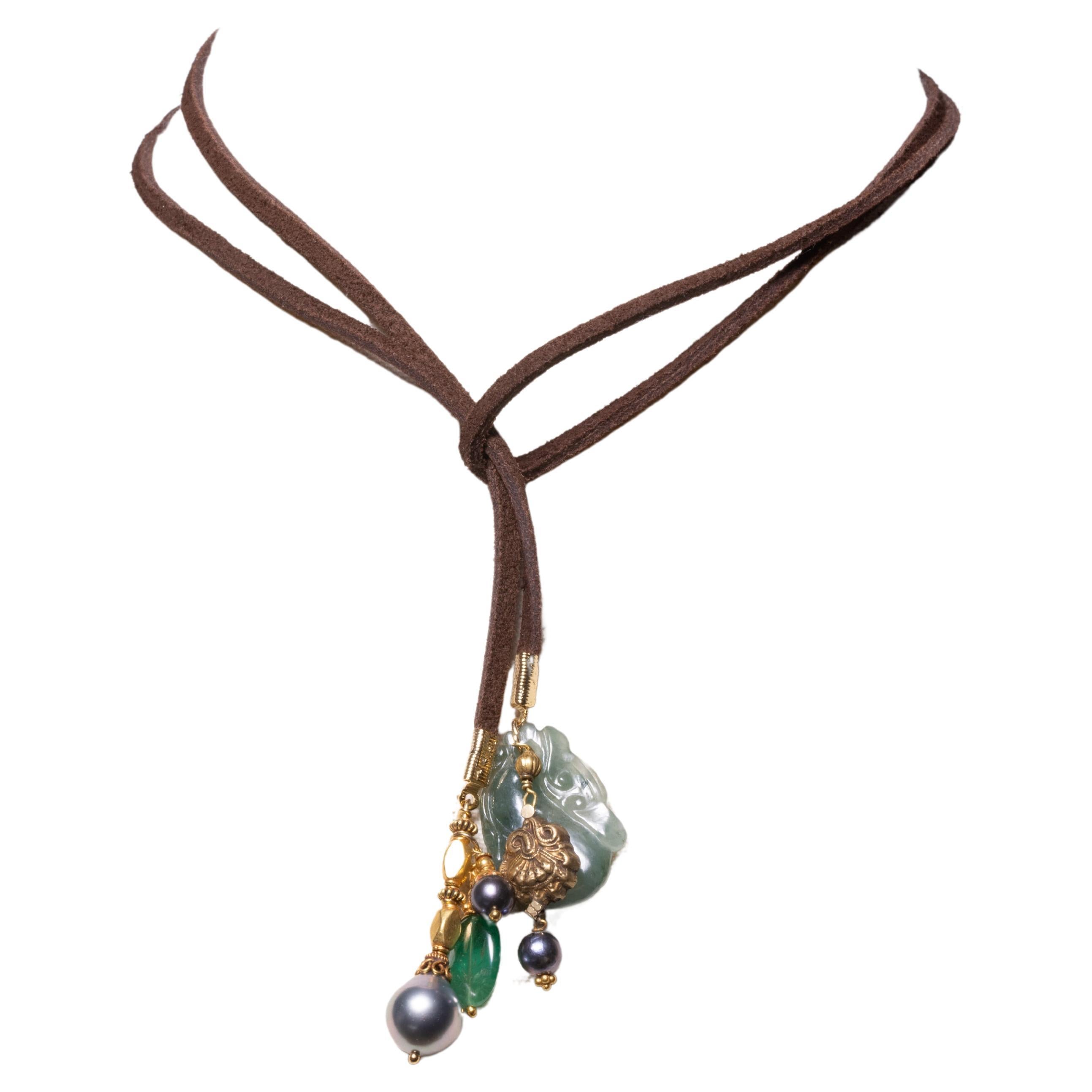 Leather Lariat with Black Tahitian Pearls, Jade, Emeralds and 18K Gold For Sale