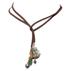 Used Leather Lariat with Black Tahitian Pearls, Jade, Emeralds and 18K Gold