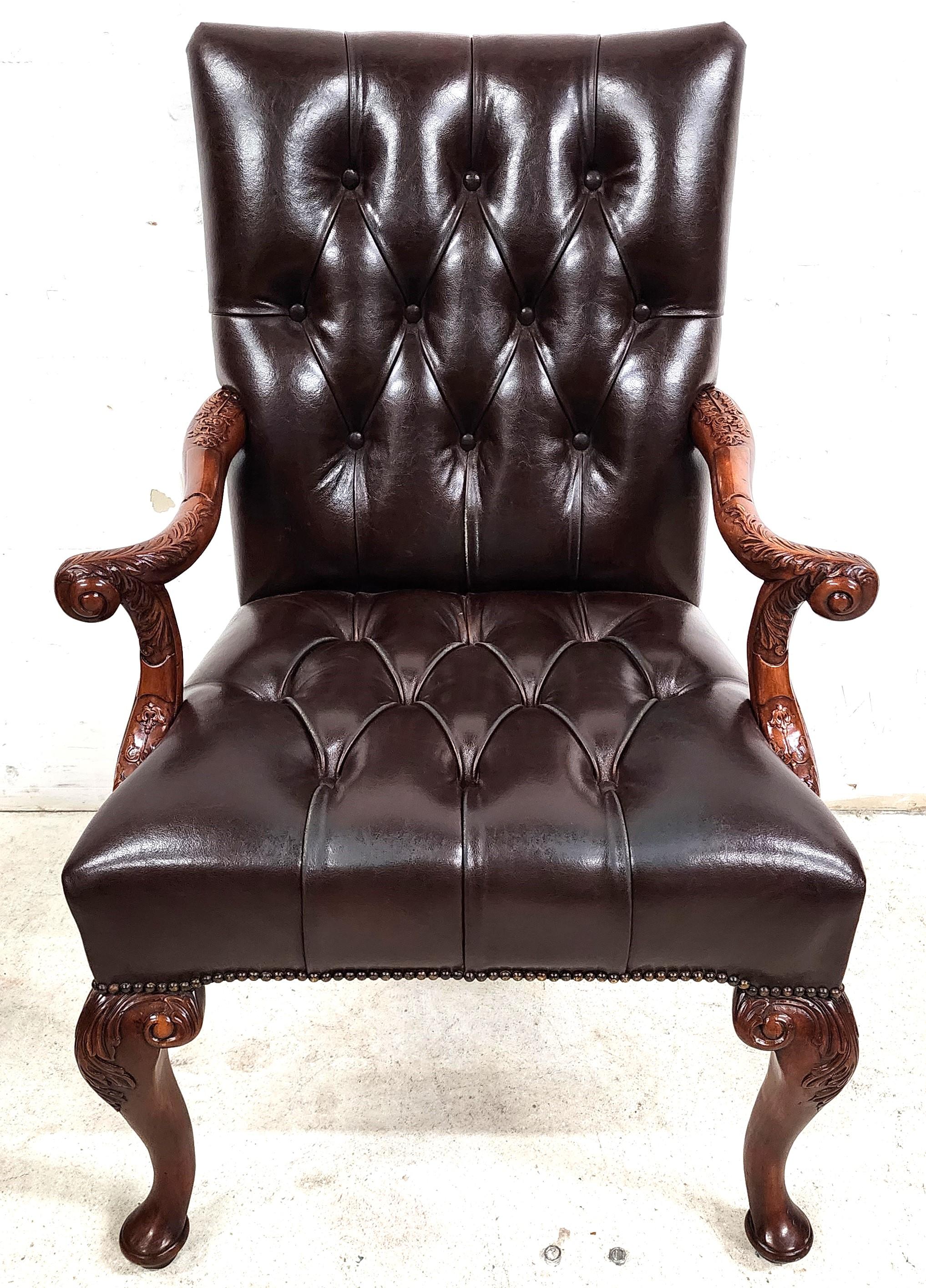 For FULL item description click on CONTINUE READING at the bottom of this page.

Offering One Of Our Recent Palm Beach Estate Fine Furniture Acquisitions Of An
Exceptional English Style Top Grain Leather Library Desk Armchair by Theodore