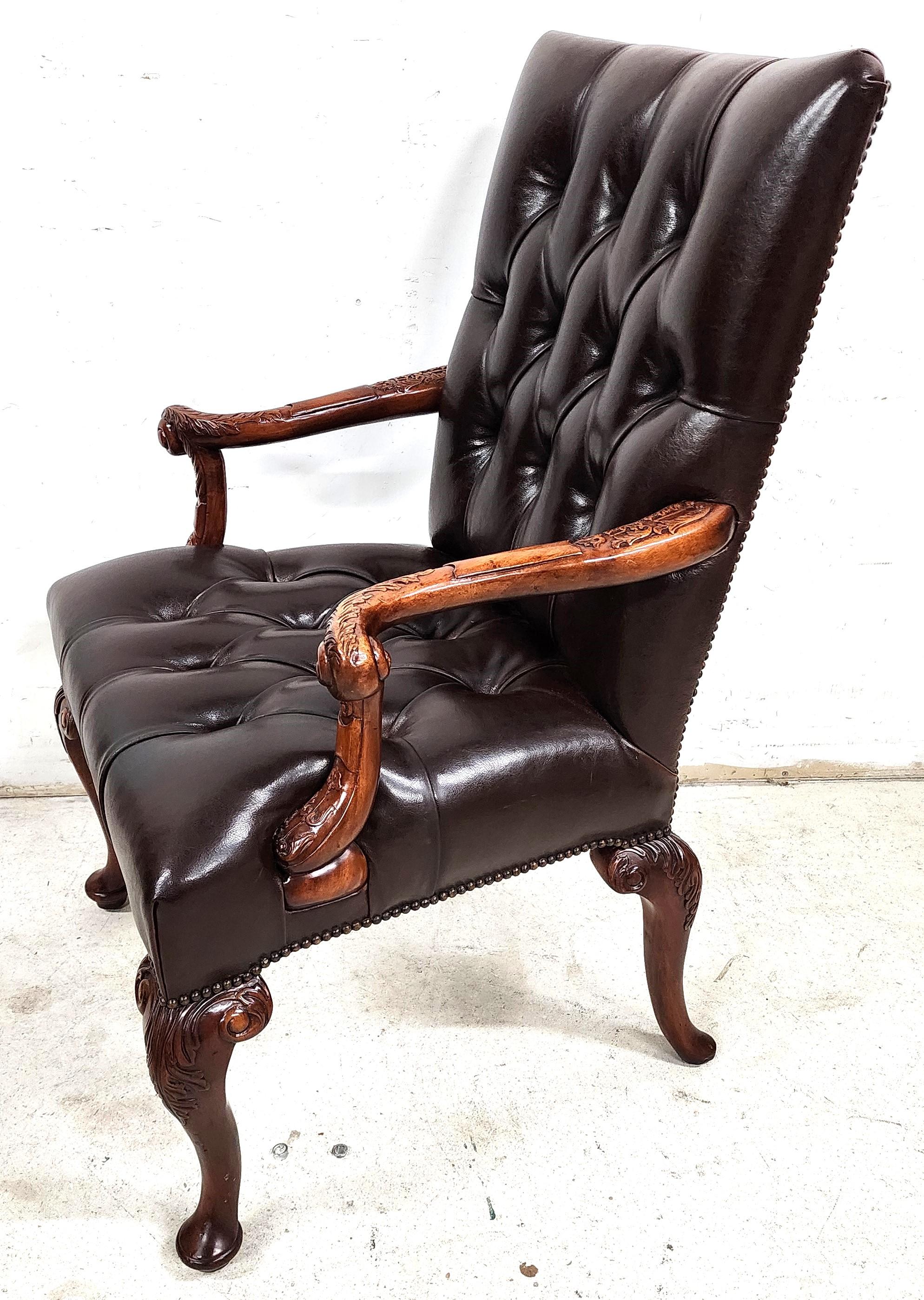 Hand-Carved Leather Library Armchair by Theodore Alexander For Sale