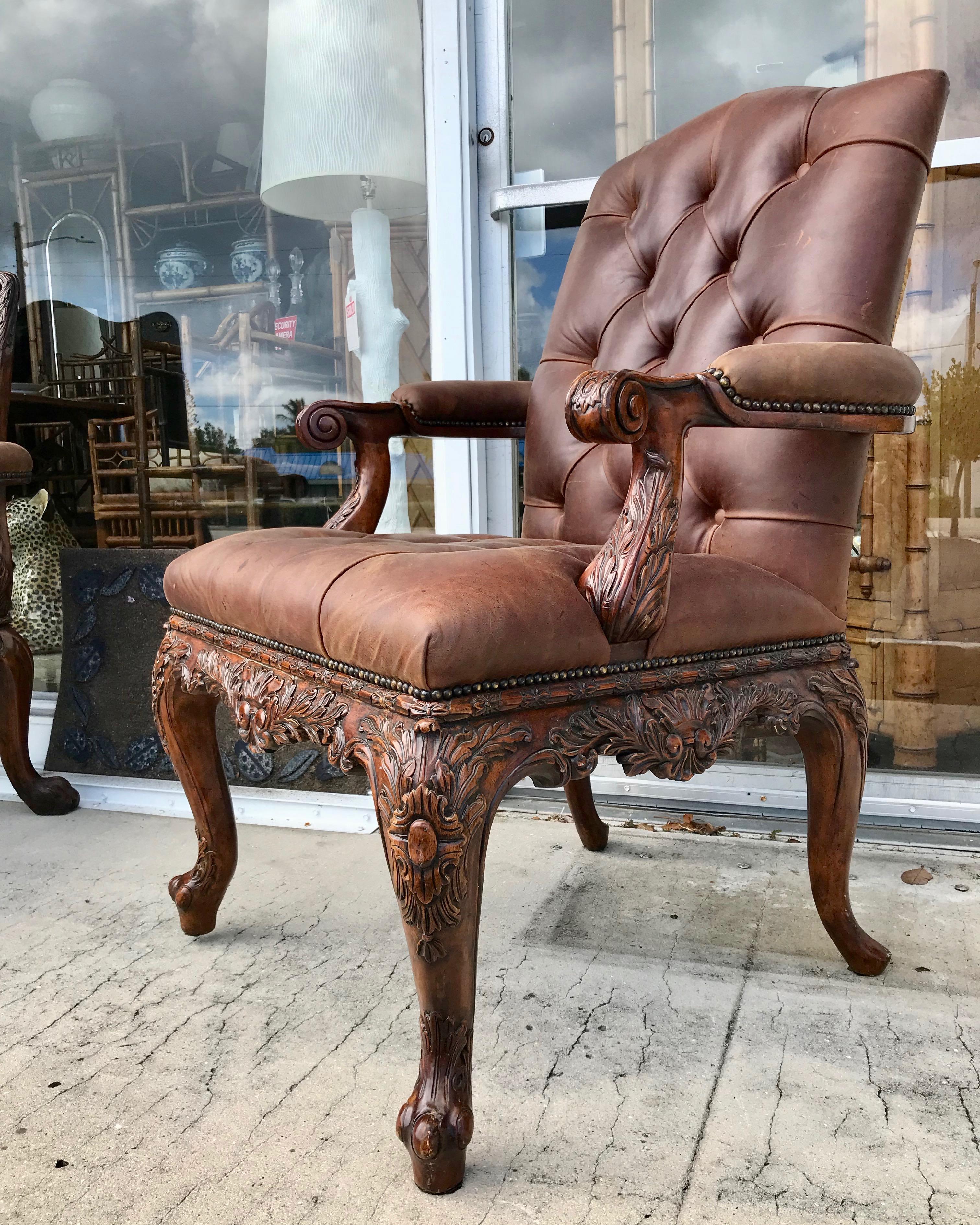 Carved Leather Library Armchair For Sale