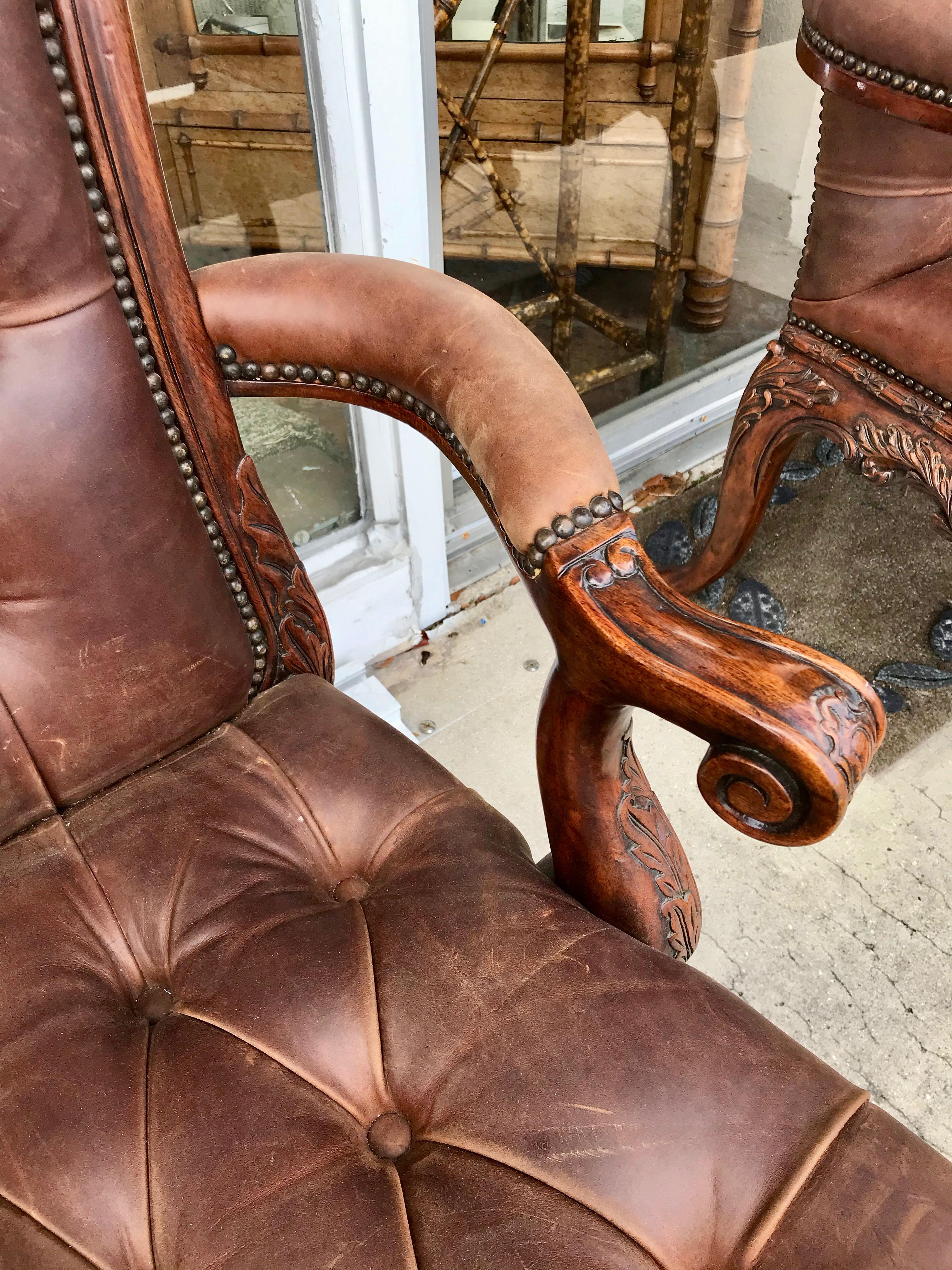Carved Leather Library Chair For Sale