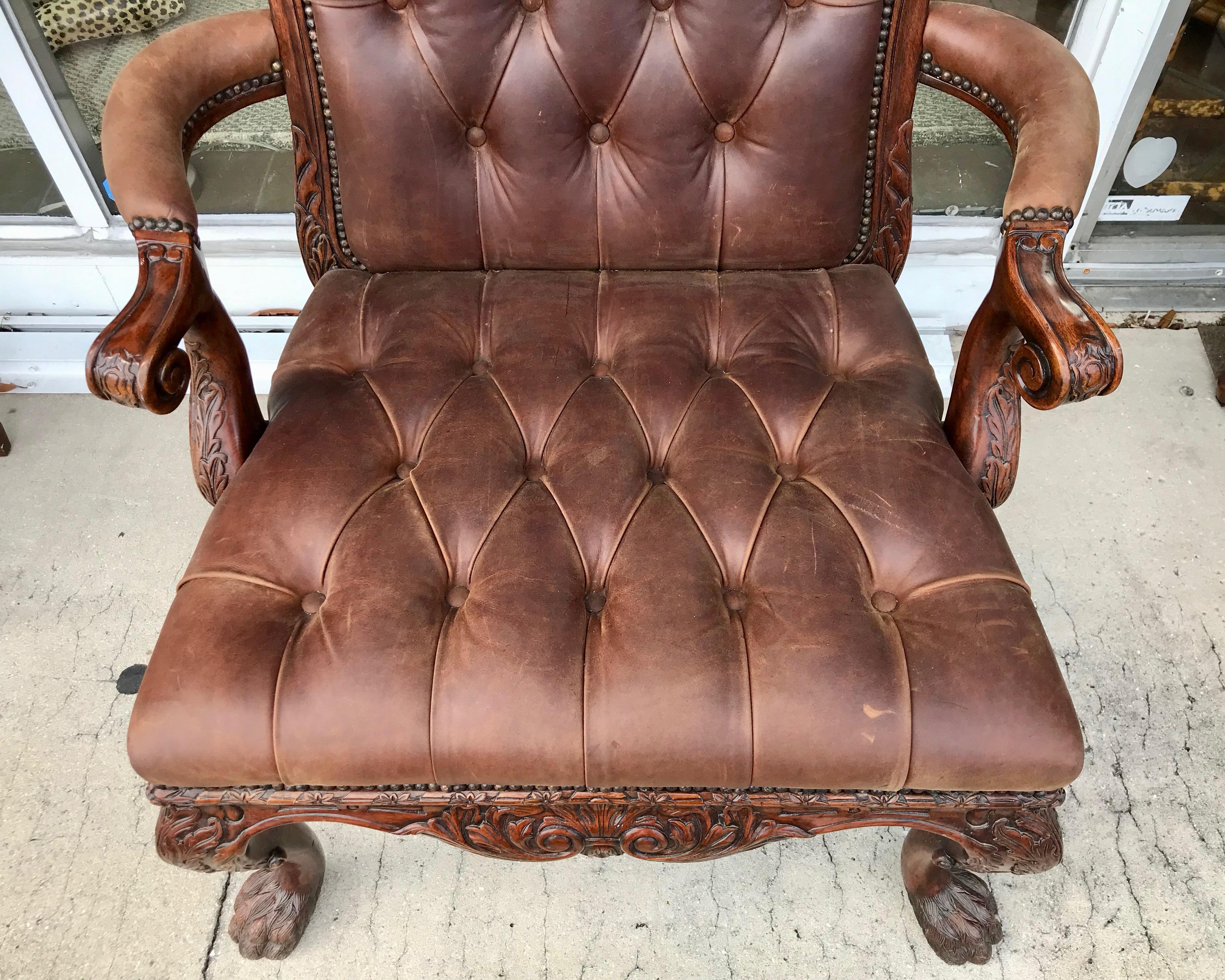 Brass Leather Library Chair For Sale