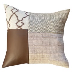 Leather, Linen, Knubby Wool and Metal Accent Designer Textile Pillow