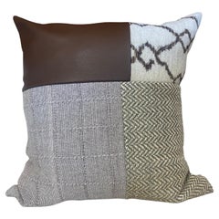 Leather, Linen, Knubby Wool and Metal Accent Designer Textile Pillow