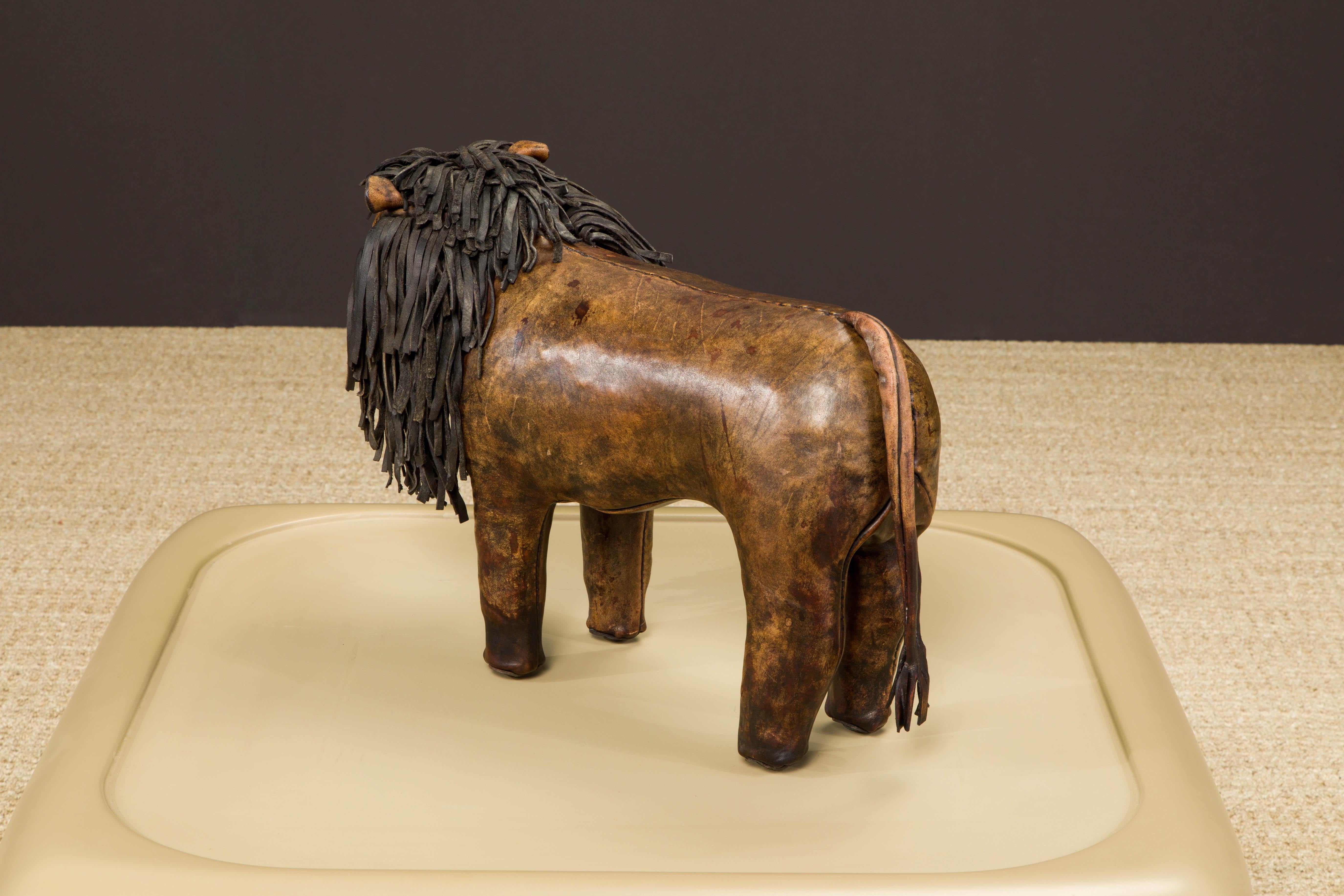Leather Lion Footstool by Dimitri Omersa for Abercrombie & Fitch, 1960s, Signed In Good Condition In Los Angeles, CA