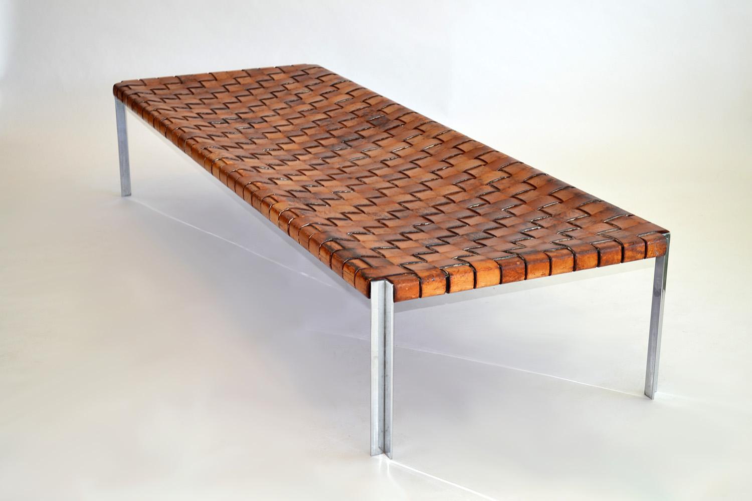Vintage Woven Leather Long Bench by Katavalos Littell and Kelley Laverne c.1950s
The bench was designed by Katavolos, Littell and Kelley in 1952 as part of the original Laverne Collection This example c. 1955. Woven thick leather straps on a