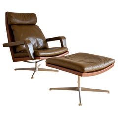 Leather Lounge Armchair and Footstool 1960s Hans Kaufeld Mid Century MCM Swivel