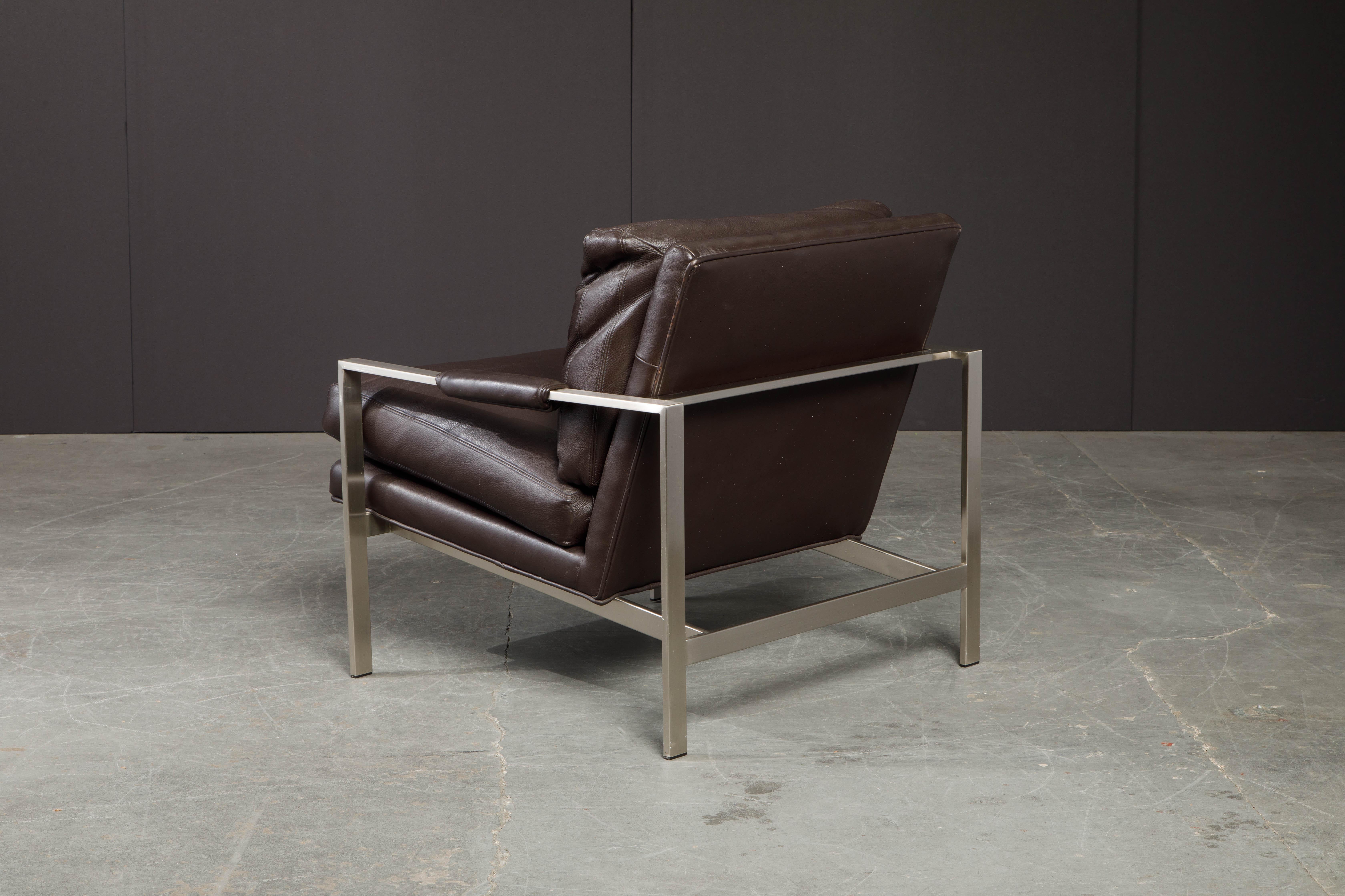 Stainless Steel Leather Lounge Armchairs by Milo Baughman for Thayer Coggin, Pair Available For Sale