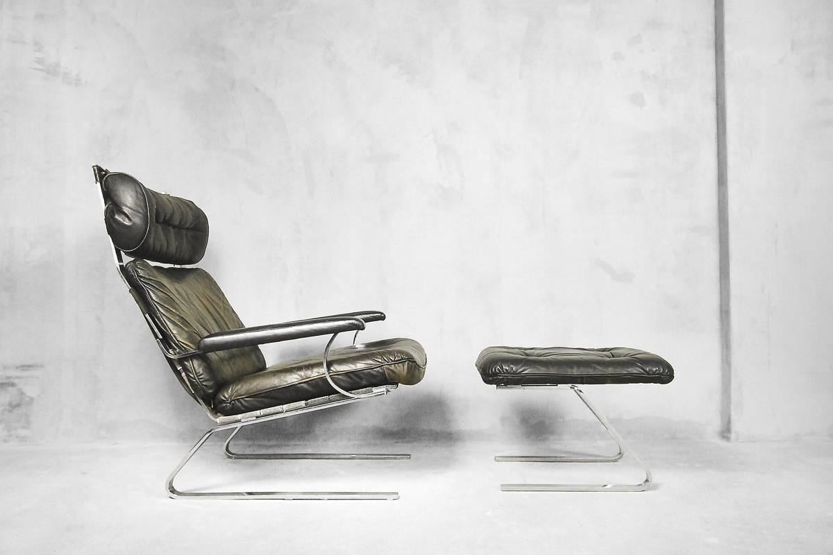 German Leather Lounge Chair and Ottoman by Reinhold Adolf for COR, 1960s For Sale