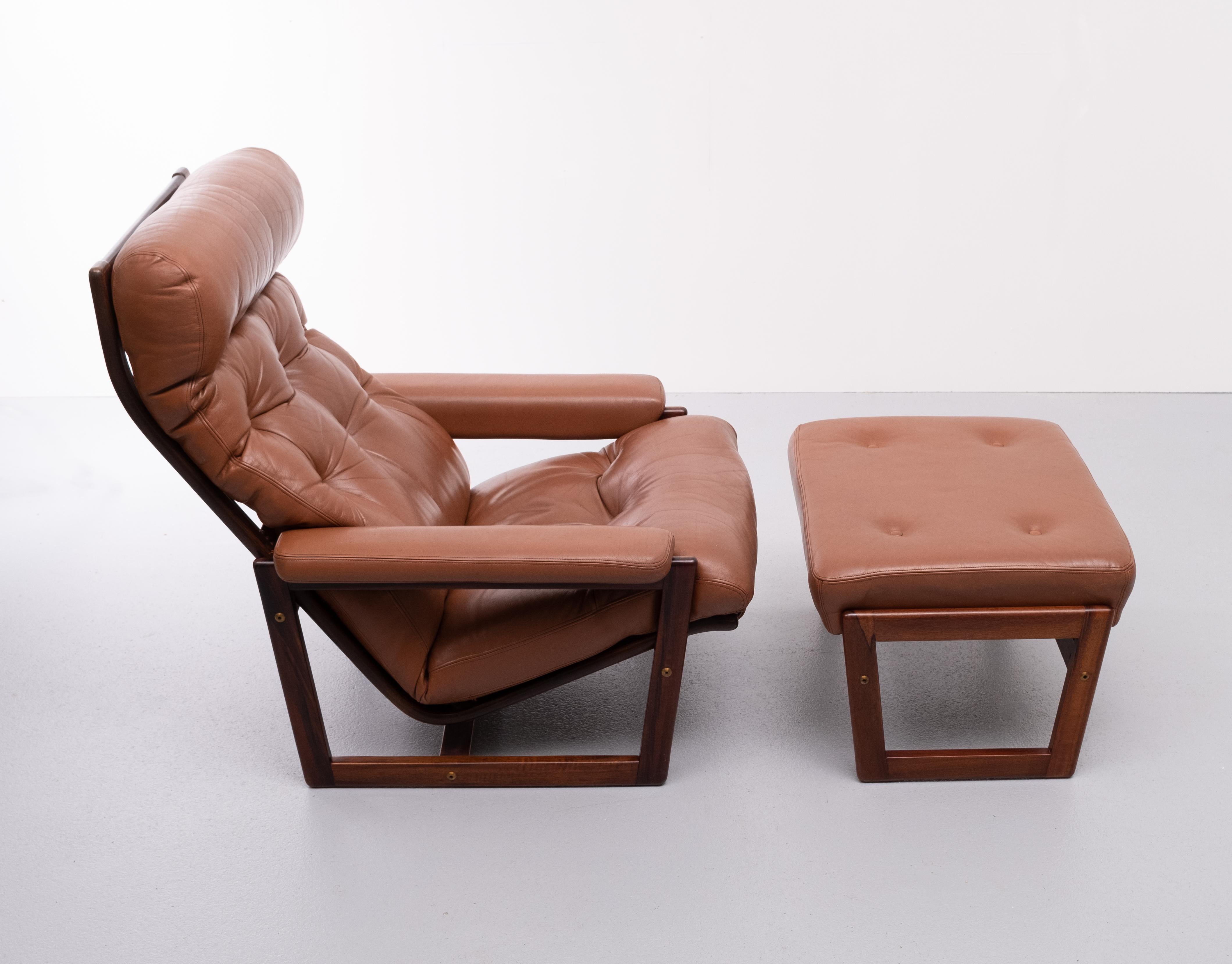 Leather Lounge Chair and Ottoman, 1970s, Denmark 1