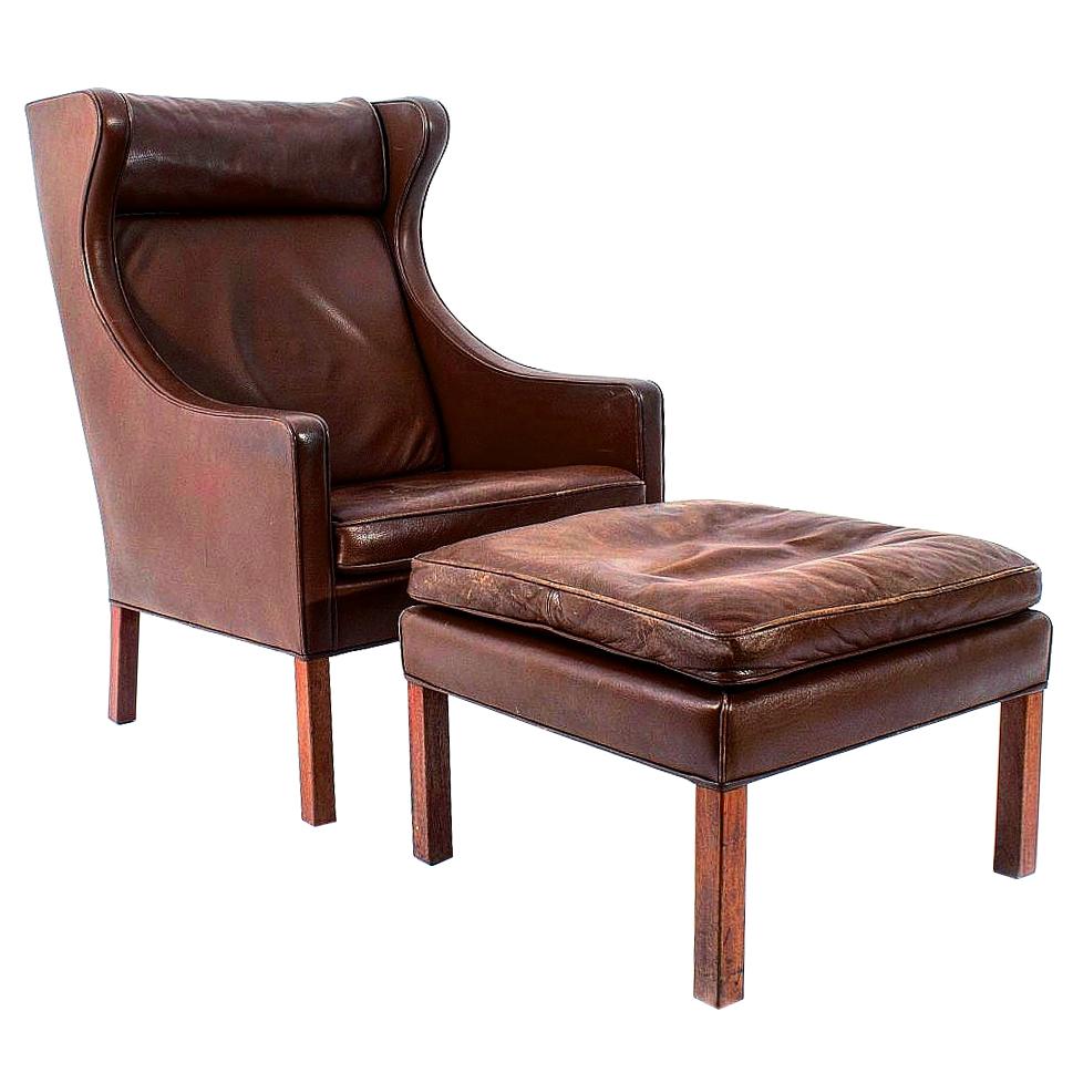 Leather Lounge Chair and Ottoman by Borge Mogensen
