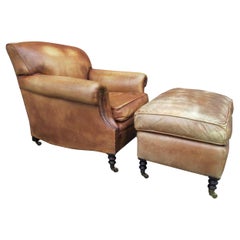 Chaise longue et pouf en cuir de George Smith