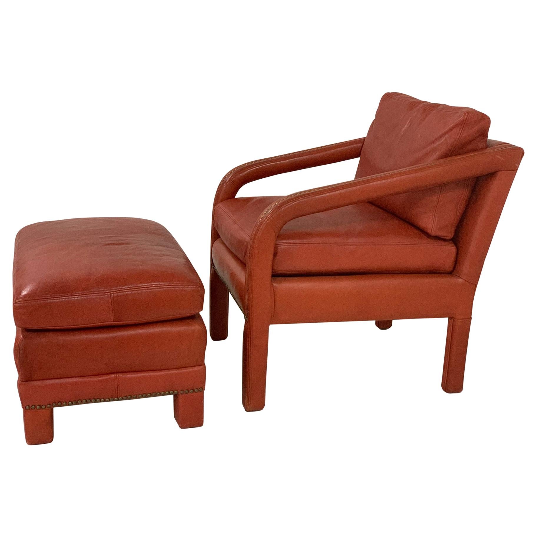 Leather Lounge Chair and Ottoman Style of Gilbert Rohde