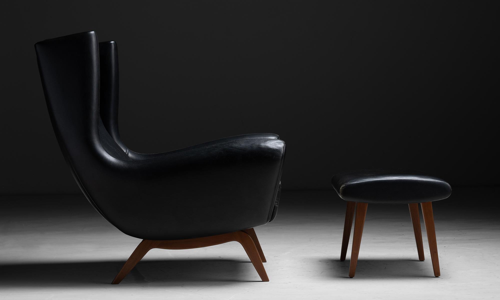 Danish Leather Lounge Chair & Ottoman by Illum Wikkelso, Denmark circa 1955
