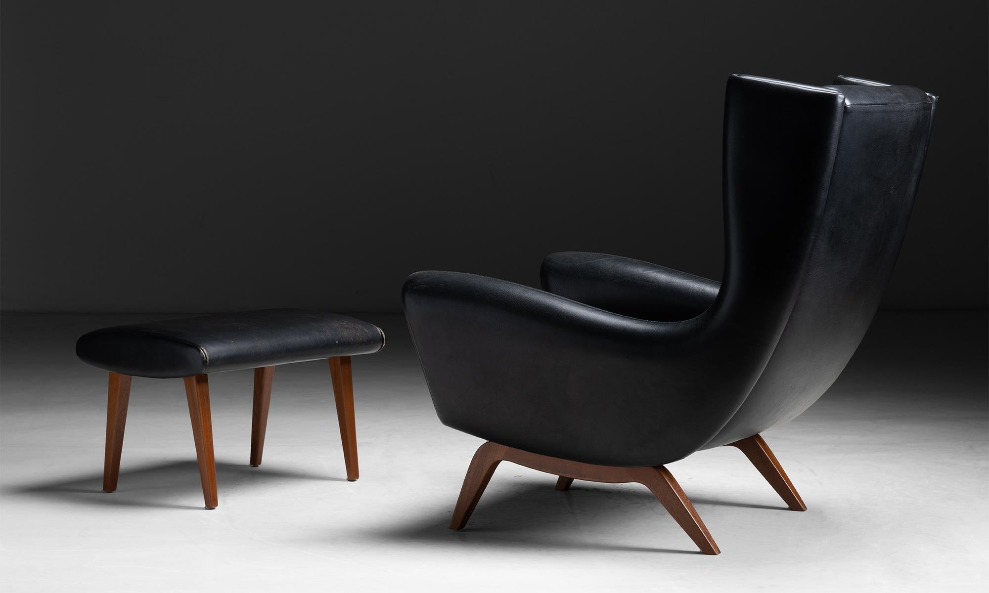 Mid-Century Modern Leather Lounge Chair & Ottoman by Illum Wikkelso, Denmark circa 1955