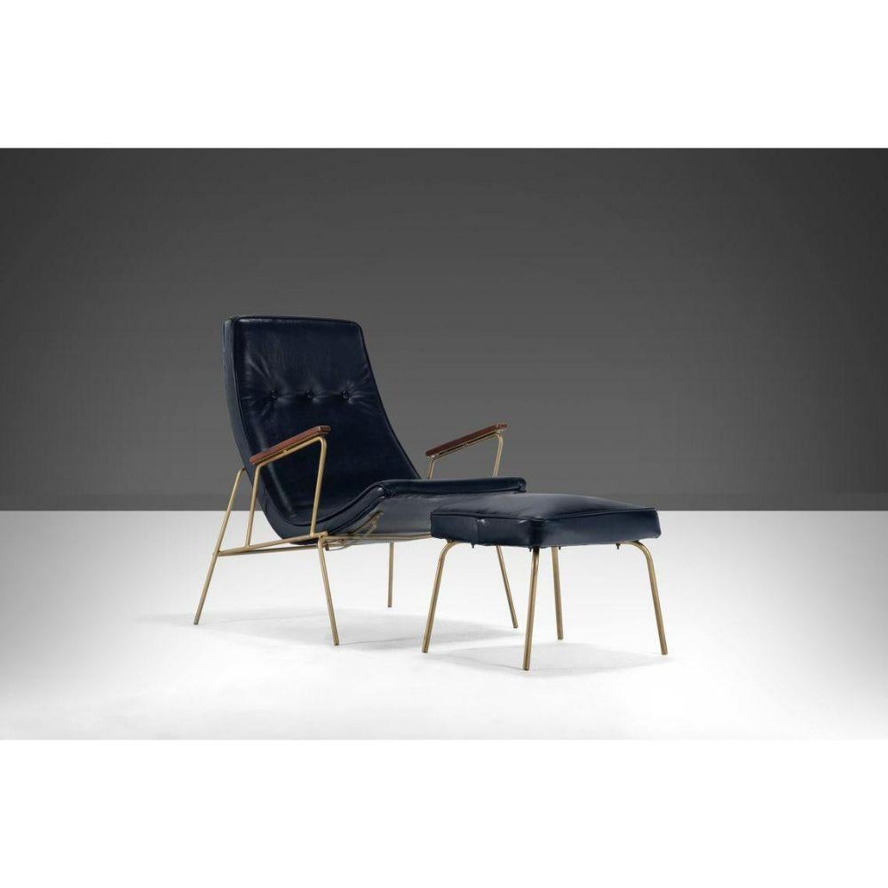 Mid-Century Modern Navy Leather Lounge Chair & Ottoman After Milo Baughman on Gold Frame, c. 1960s For Sale
