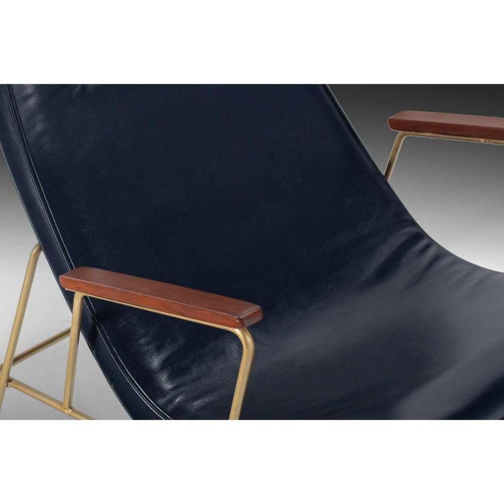 Navy Leather Lounge Chair & Ottoman After Milo Baughman on Gold Frame, c. 1960s For Sale 1