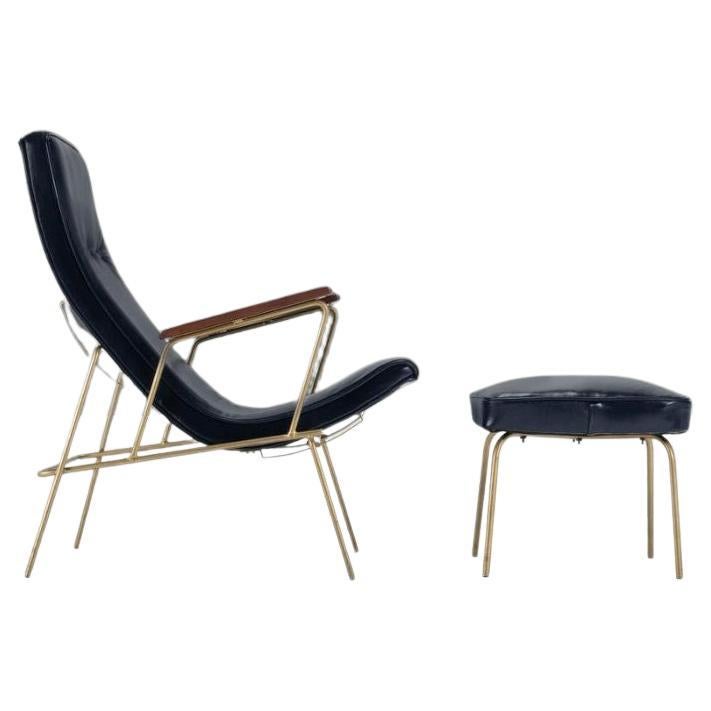 Navy Leather Lounge Chair & Ottoman After Milo Baughman on Gold Frame, c. 1960s For Sale