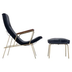 Vintage Navy Leather Lounge Chair & Ottoman After Milo Baughman on Gold Frame, c. 1960s