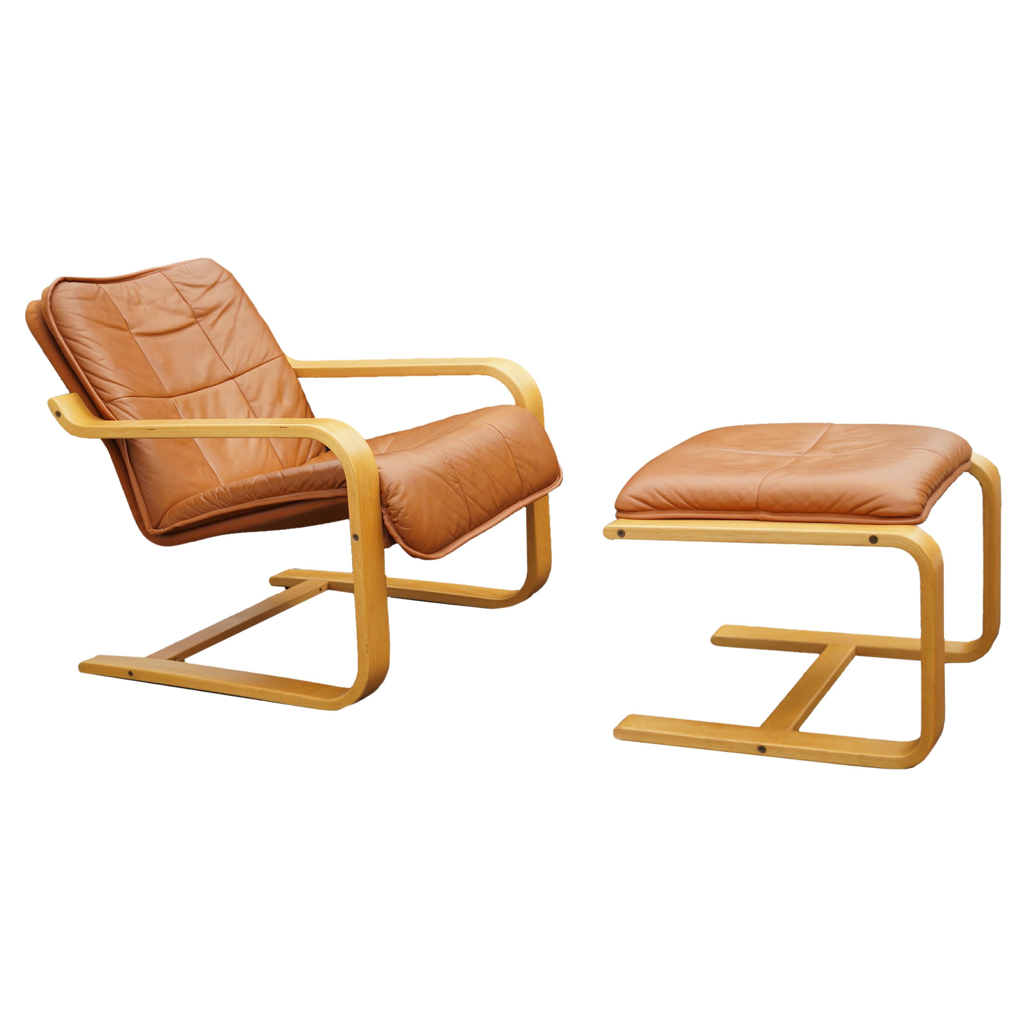 Leather Lounge Chair & Ottoman Set Mid-Century Modern OY BJ Dahlqvist AB Finland For Sale