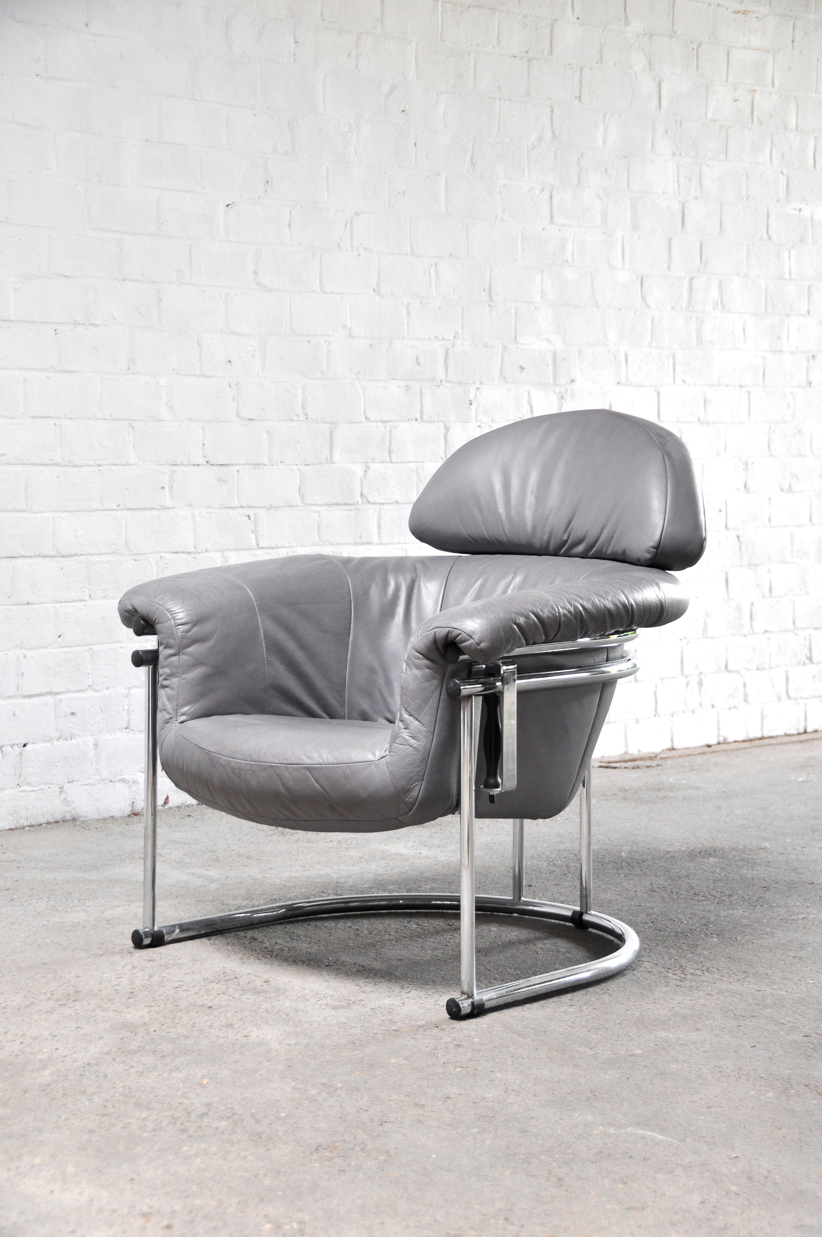 Leather Lounge Chair with Tubular Chrome Frame, 1980s 3