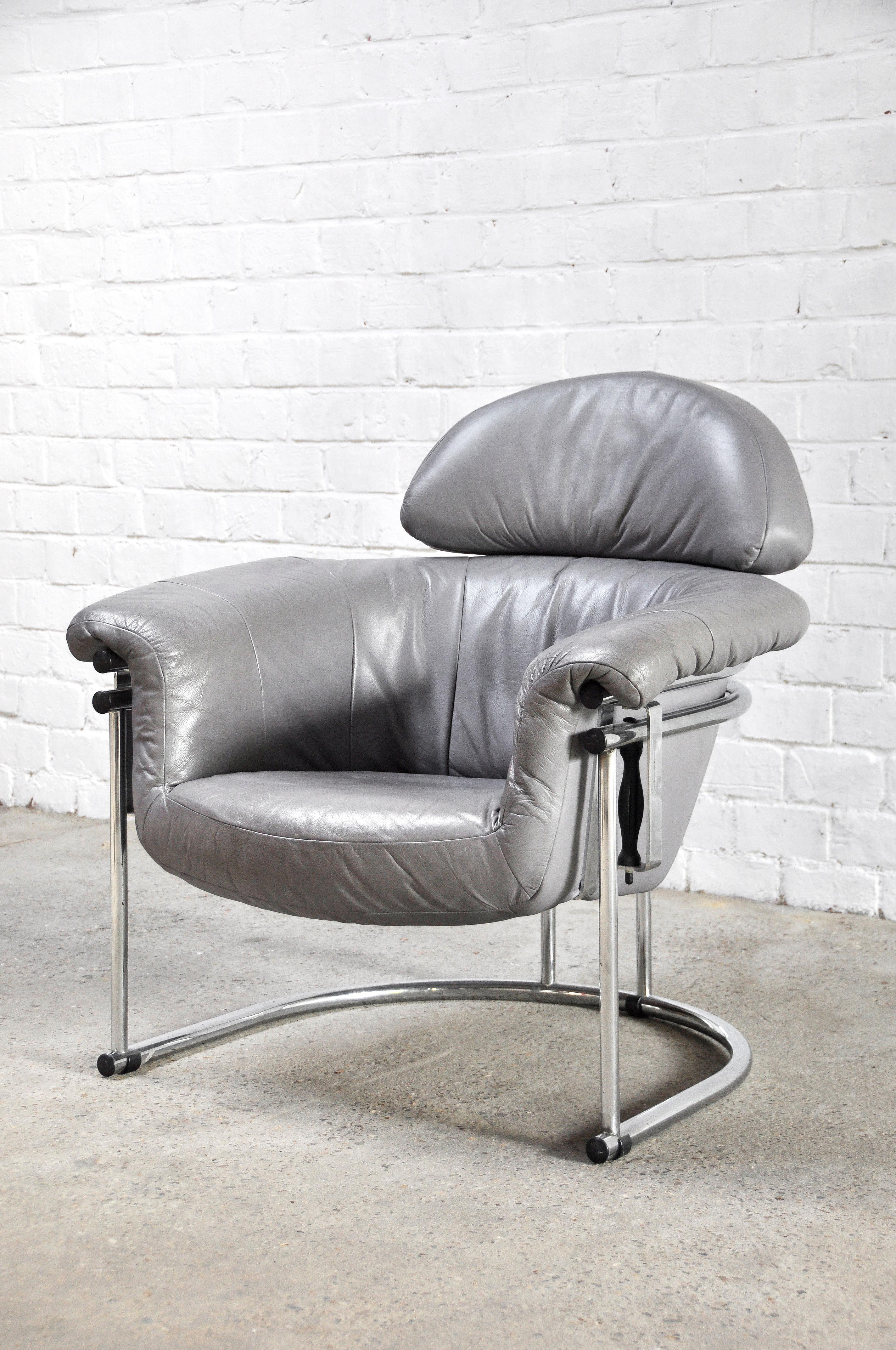 Bauhaus Leather Lounge Chair with Tubular Chrome Frame, 1980s