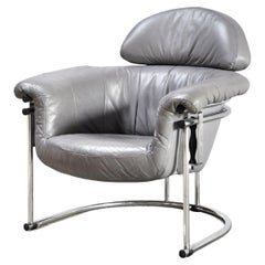 Retro Leather Lounge Chair with Tubular Chrome Frame, 1980s