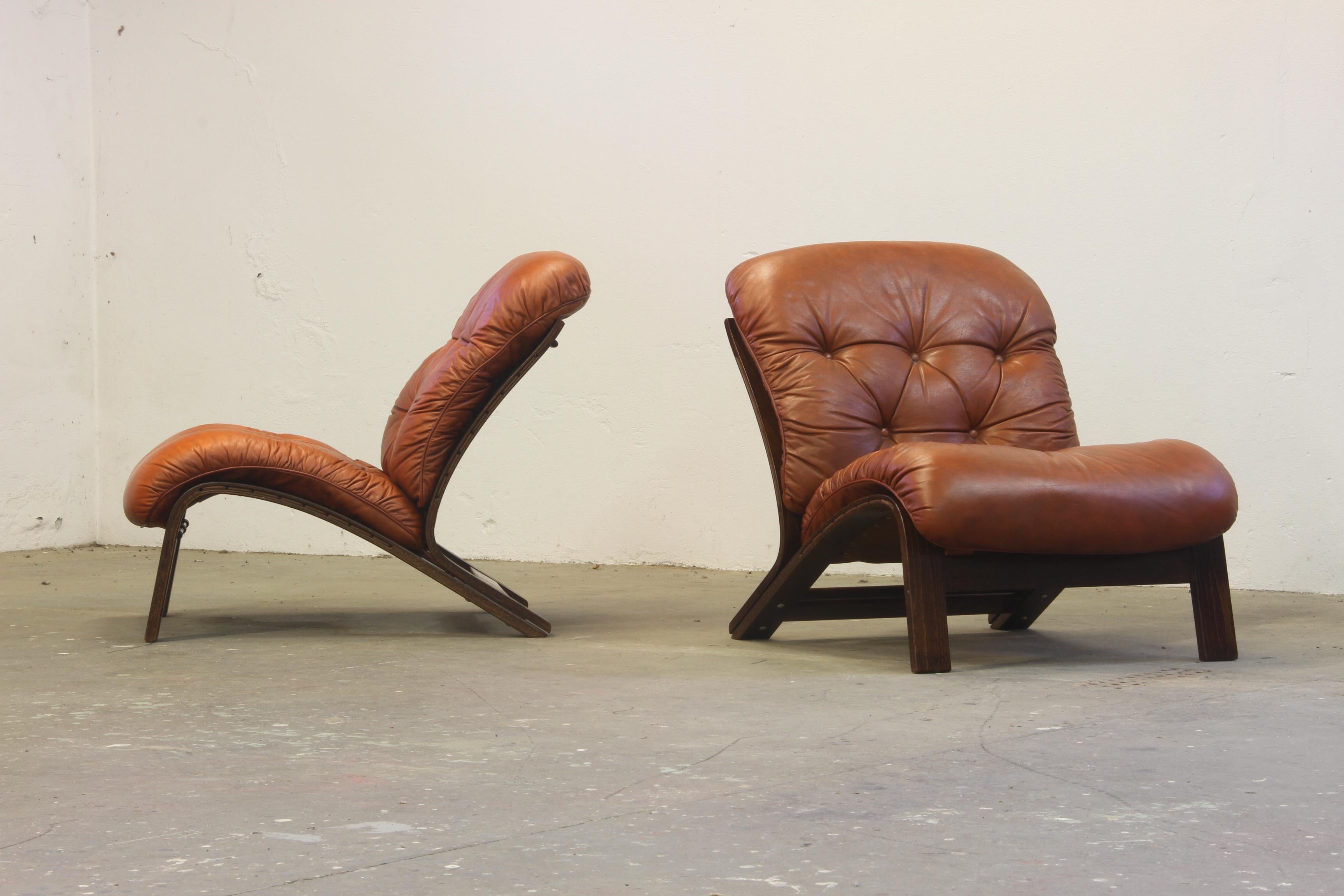 Mid-Century Modern Leather Lounge Chairs by Elsa Solheim & Nordahl Solheim for Rybo Rykken For Sale