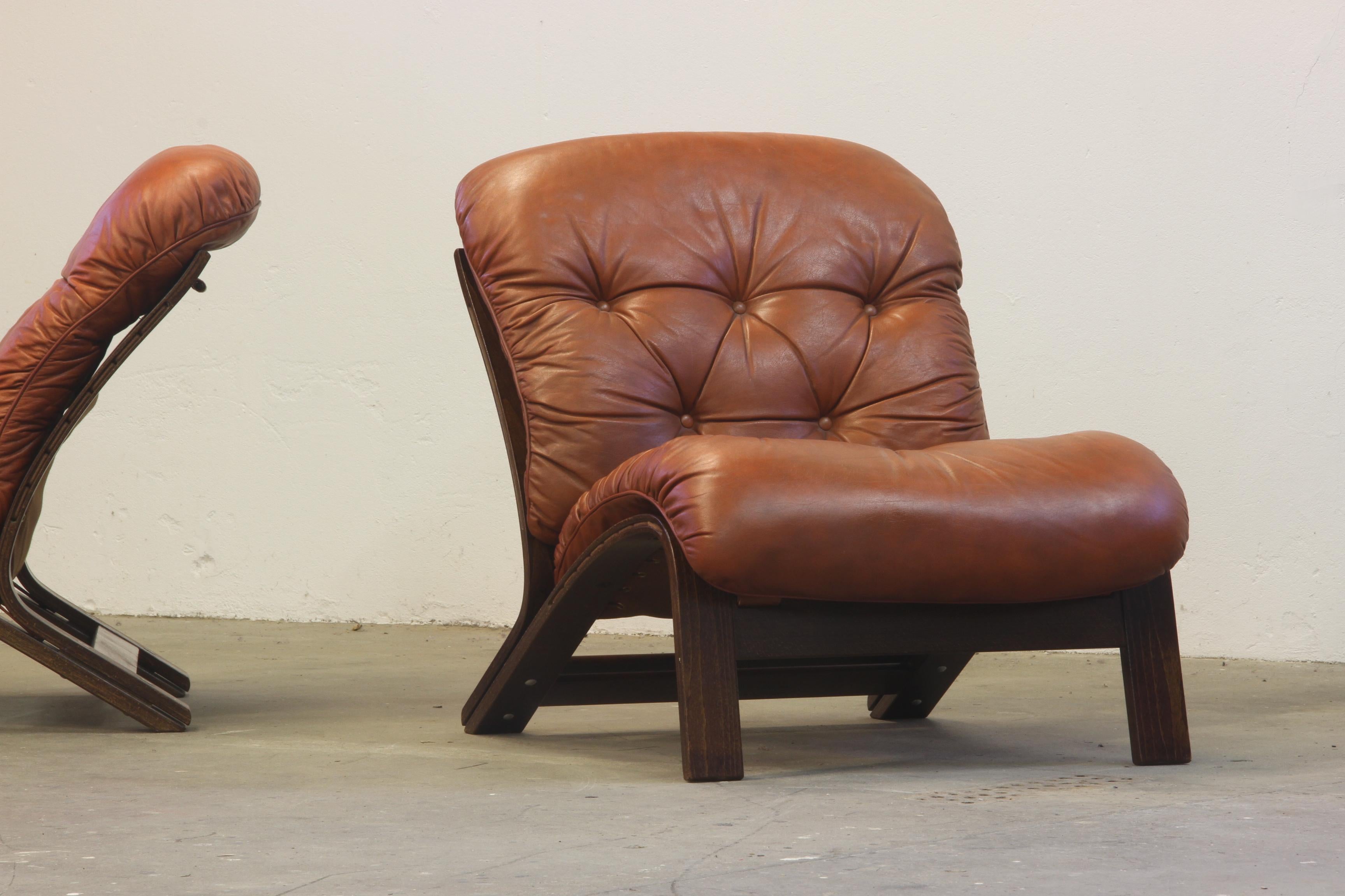 Leather Lounge Chairs by Elsa Solheim & Nordahl Solheim for Rybo Rykken For Sale 1