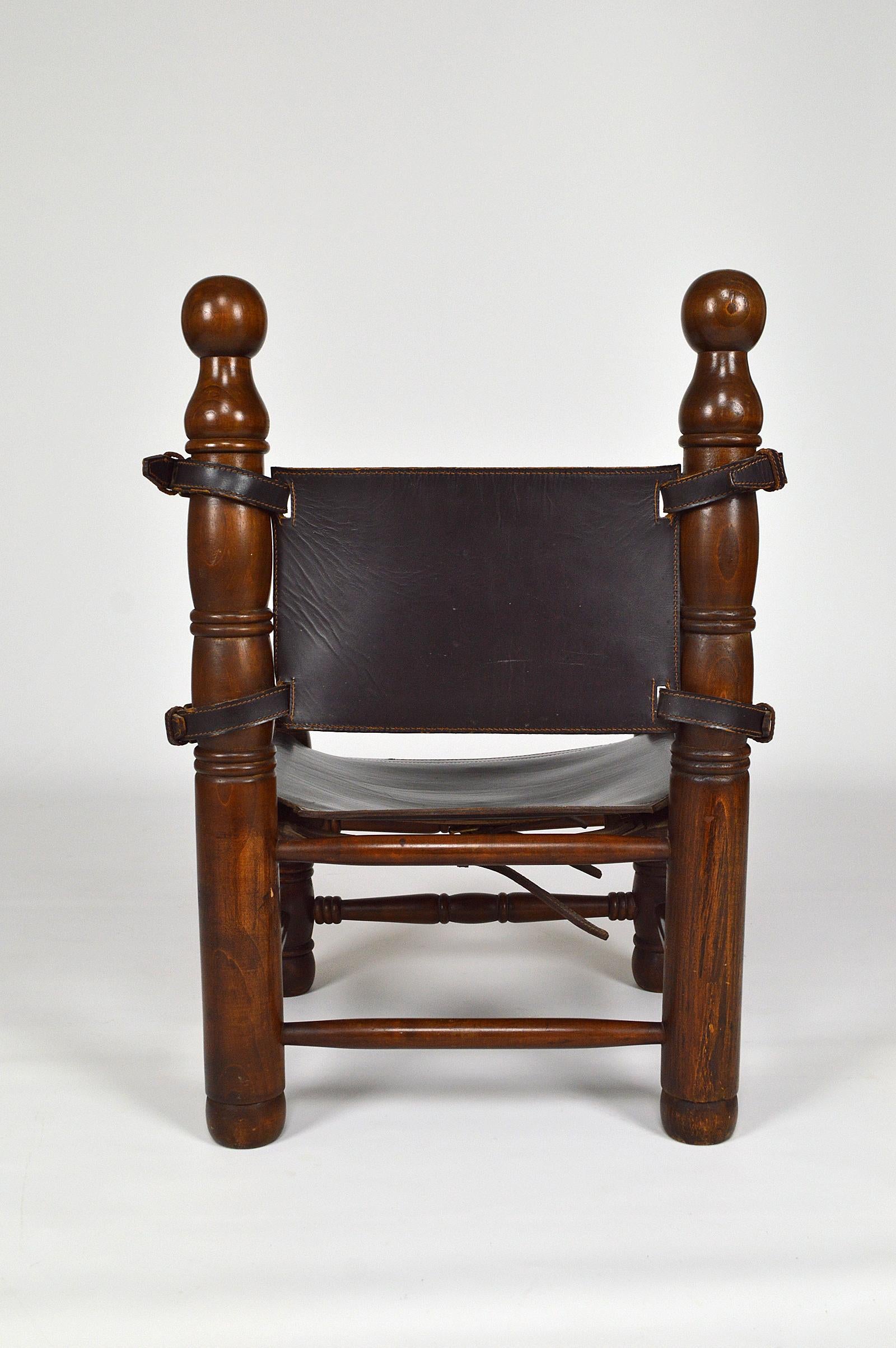 Carved Leather Low Chair, in the Style of Charles Dudouyt, France, Midcentury For Sale