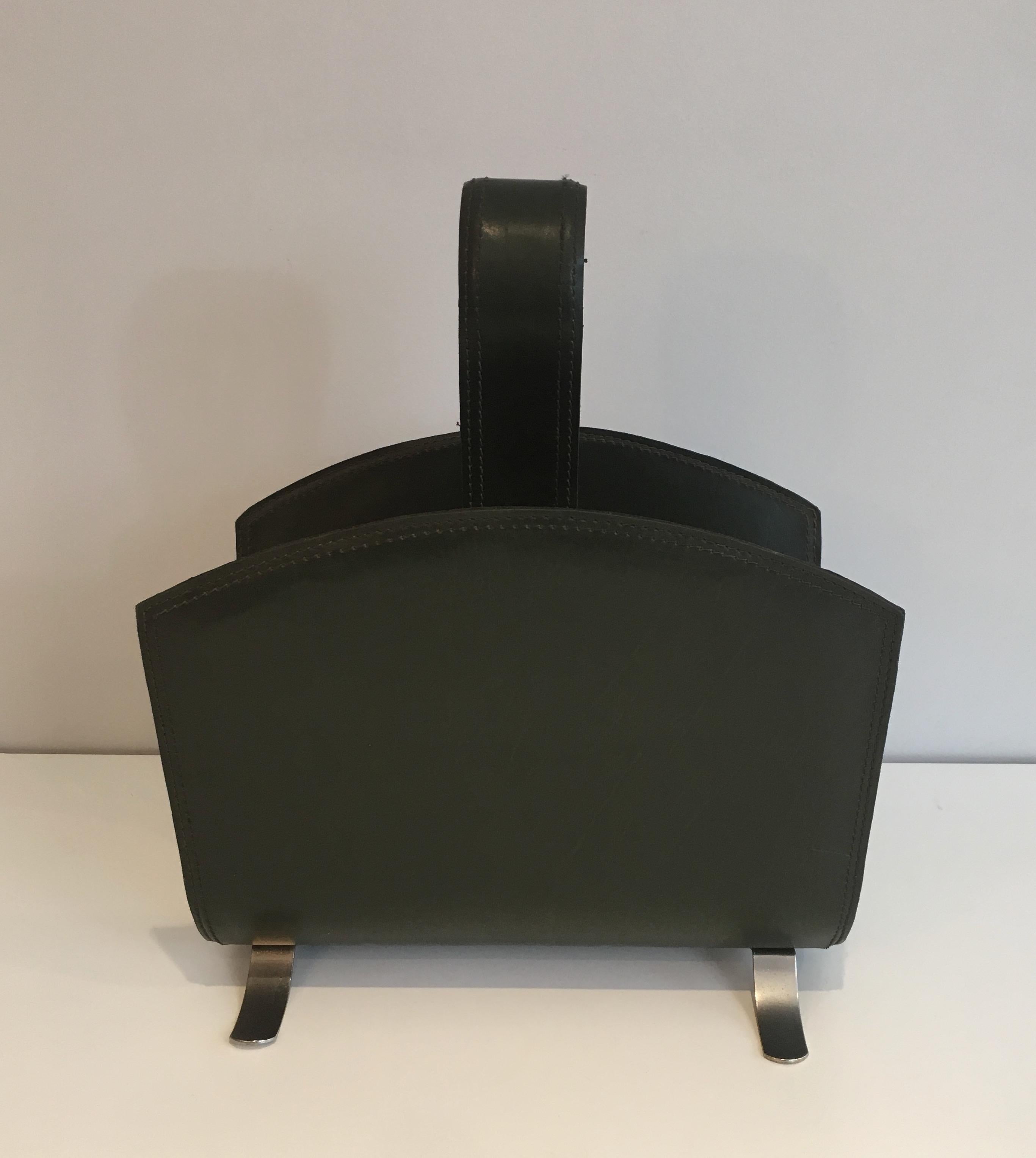 Leather Magazine Rack on a Brushed Steel Base, French, circa 1950 6